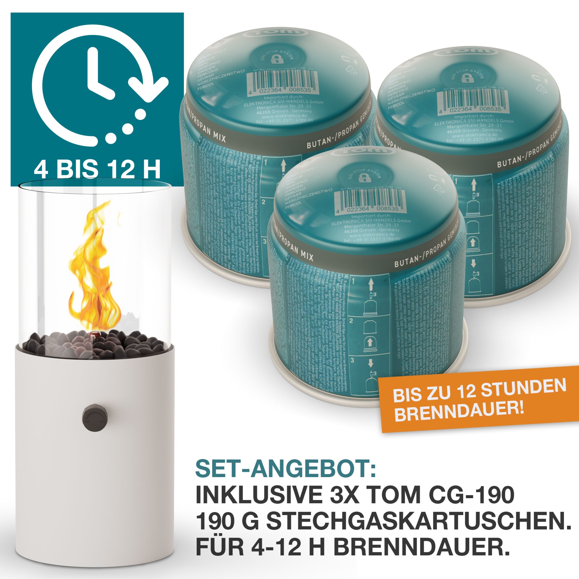Tischkamin Set mit 3 TOM CG-190 Gaskartuschen für bis zu 12 Stunden angenehme Brenndauer