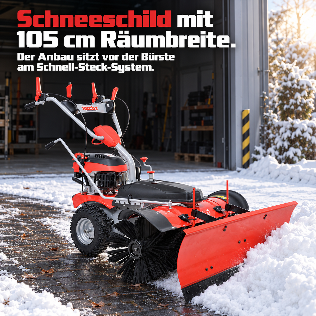 Benzin Kehrmaschine mit Schneeschild 105 cm  (Dieses Bild wurde mit Hilfe von KI generiert.)