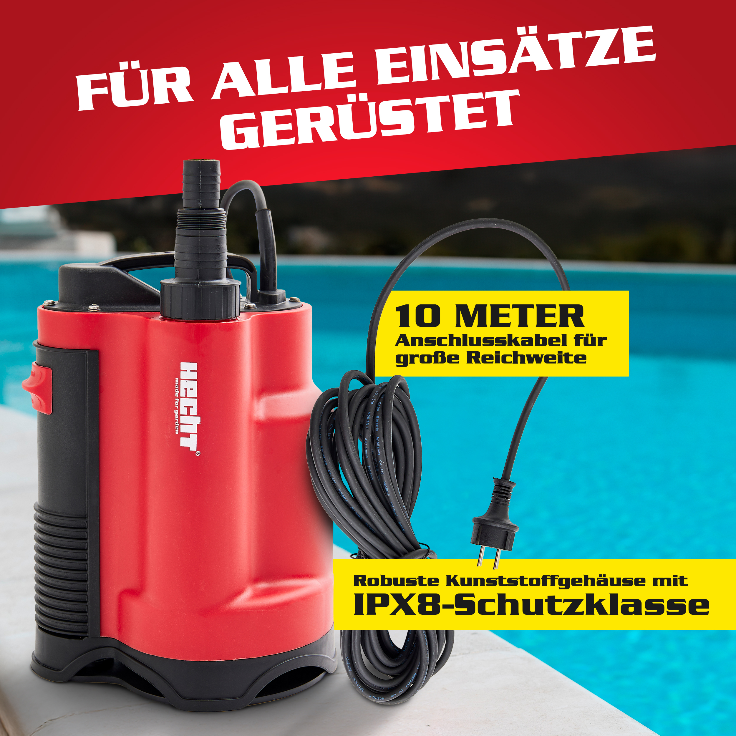 HECHT Wasserpumpe 3775 mit 10 m Kabel für flexiblen Einsatz