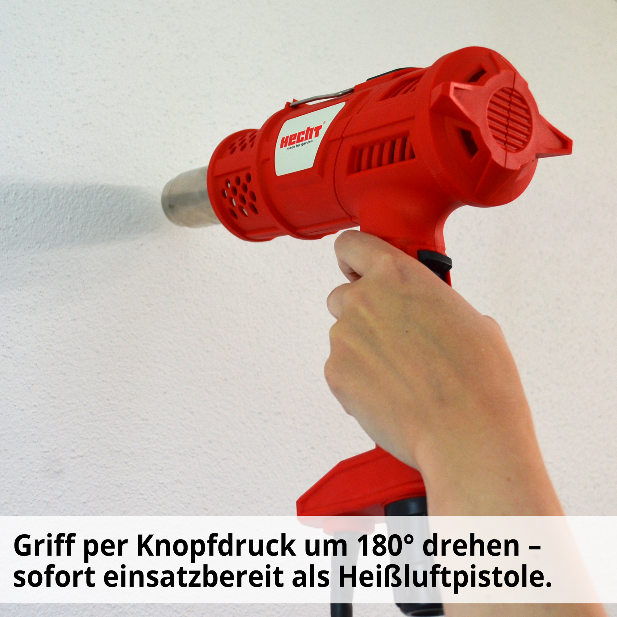HECHT 2212 Unkrautbrenner; Griff per Knopfdruck um 180° drehen – sofort einsatzbereit als Heißluftpistole