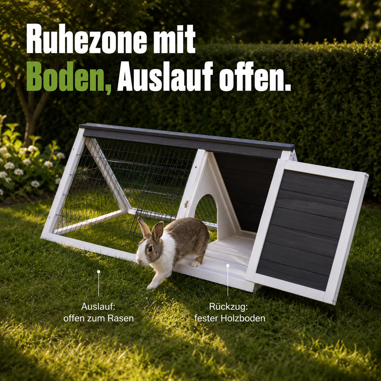 Kaninchenstall mit offenem Auslauf und Ruhezone mit festem Holzboden