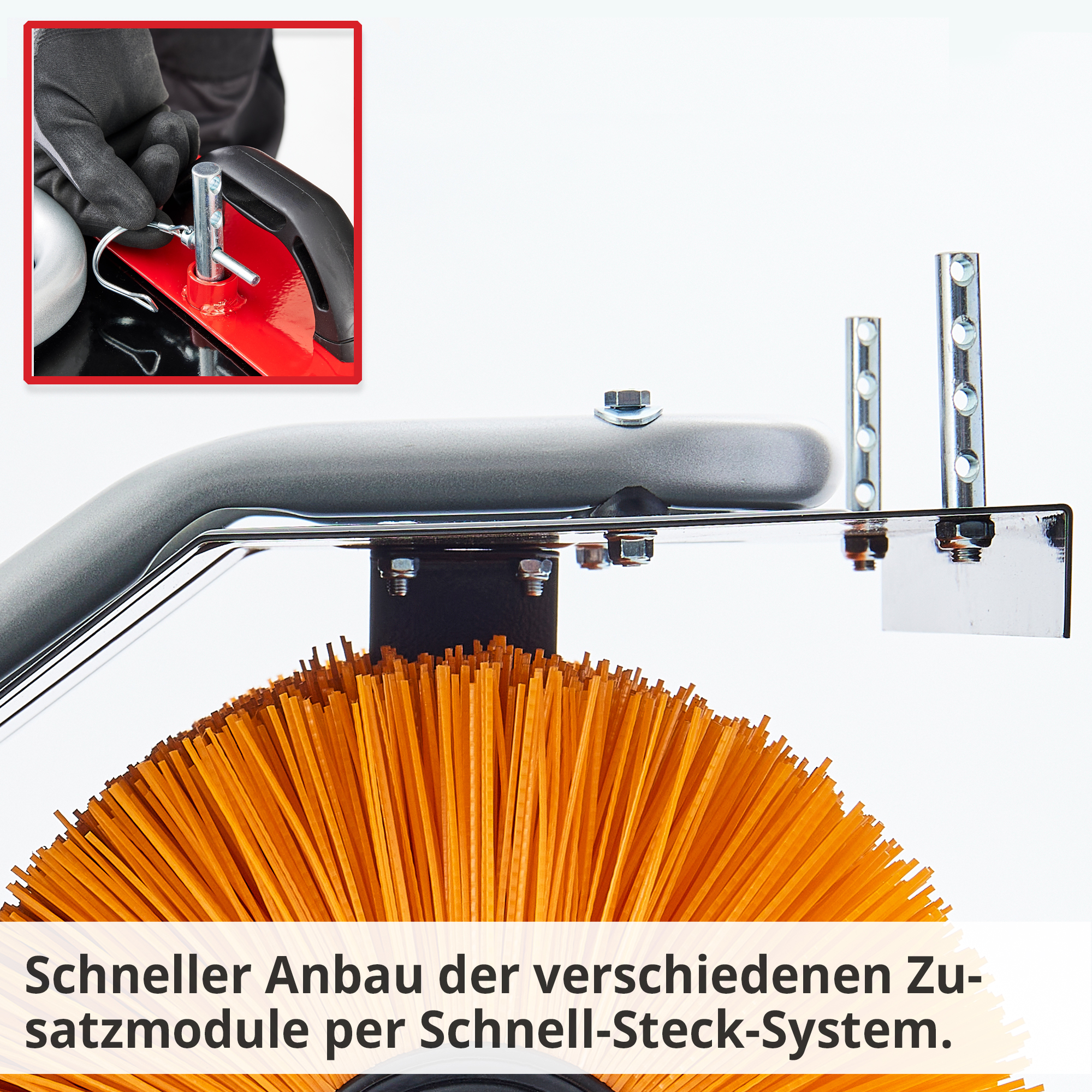 Hecht 8615 Kehrmaschine SET; Schneller Anbau der verschiedenen Zusatzumodule per Schnell-Steck-System