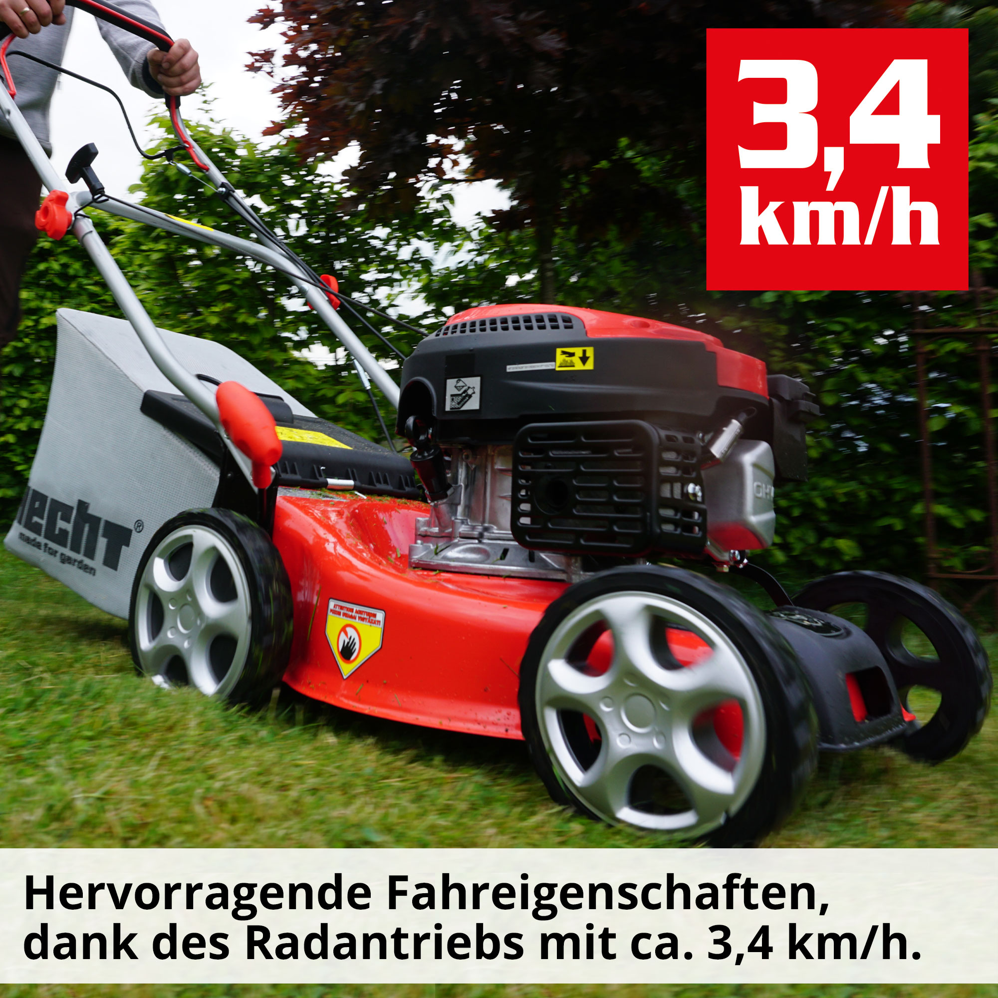 Hecht Benzin-Rasenmäher mit 3 kmh Radantrieb für schnelles vorankommen 
