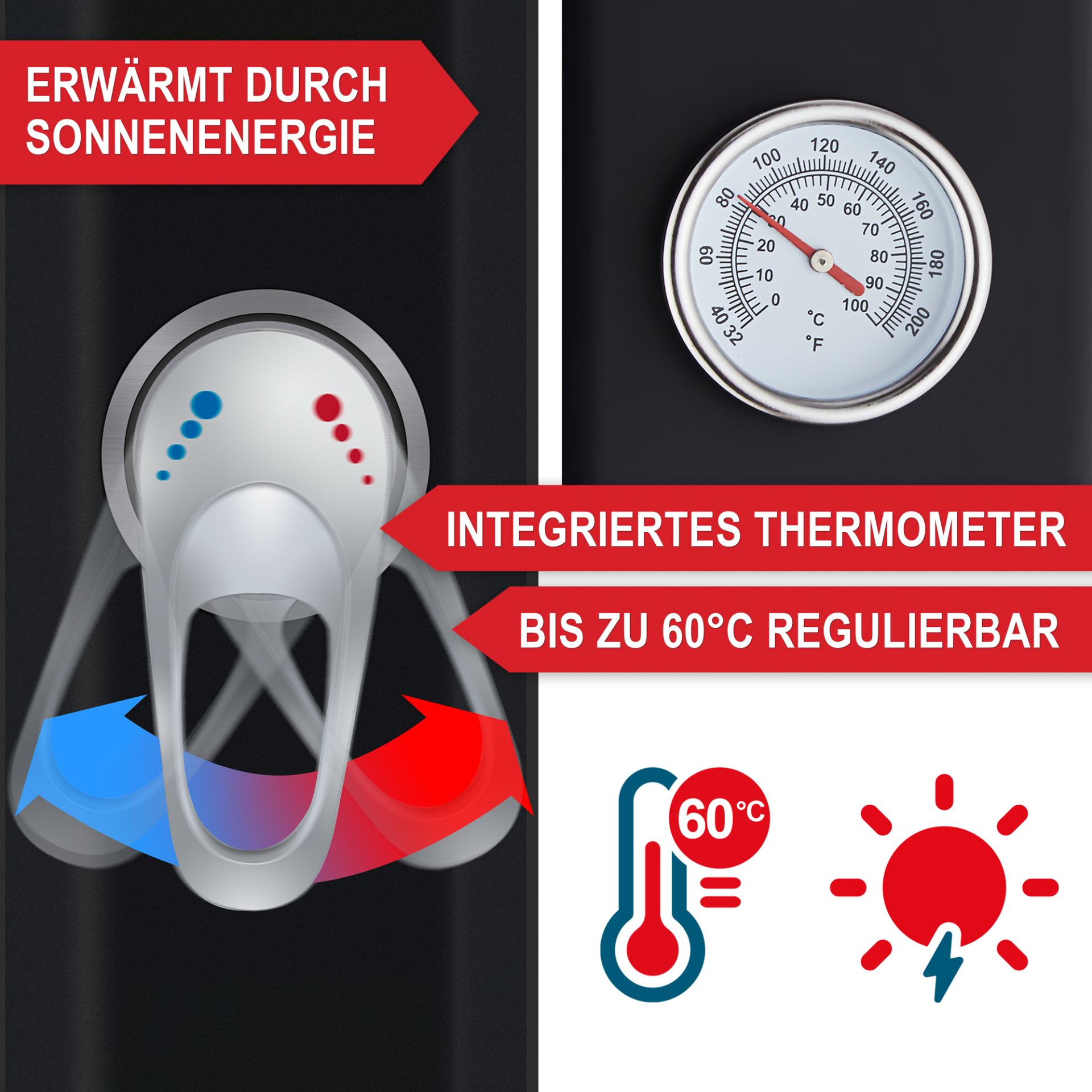 Solardusche schwarz - Erwärmt durch Sonnenenergie, integriertes Thermometer, bis zu 60 Grad regulierbar Solardusche schwarz - Erwärmt durch Sonnenenergie, integriertes Thermometer, bis zu 60 Grad regulierbar