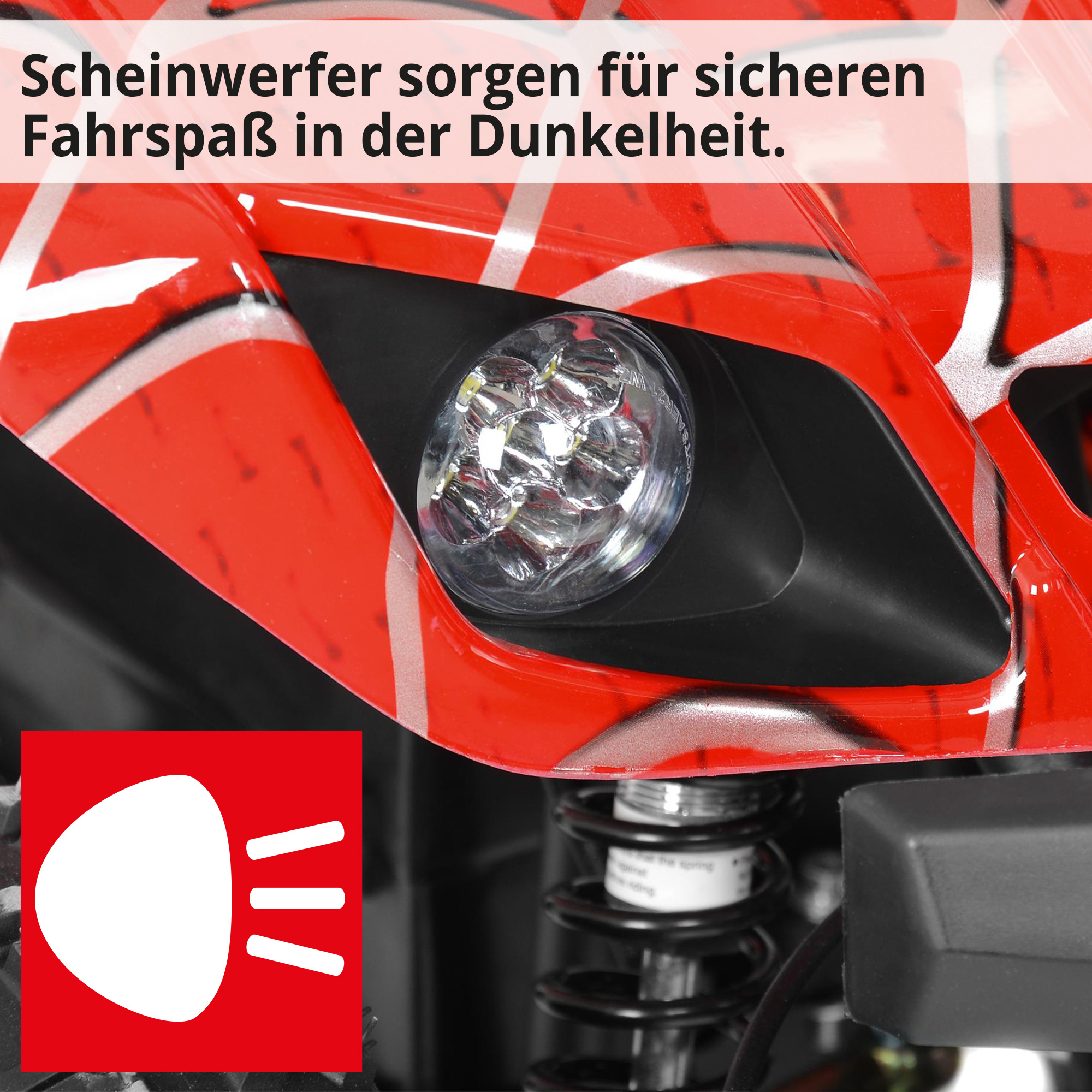 Elektro Quad 56100 Rot; Scheinwerfer sorgen für sicheren Fahrspaß in der Dunkelheit