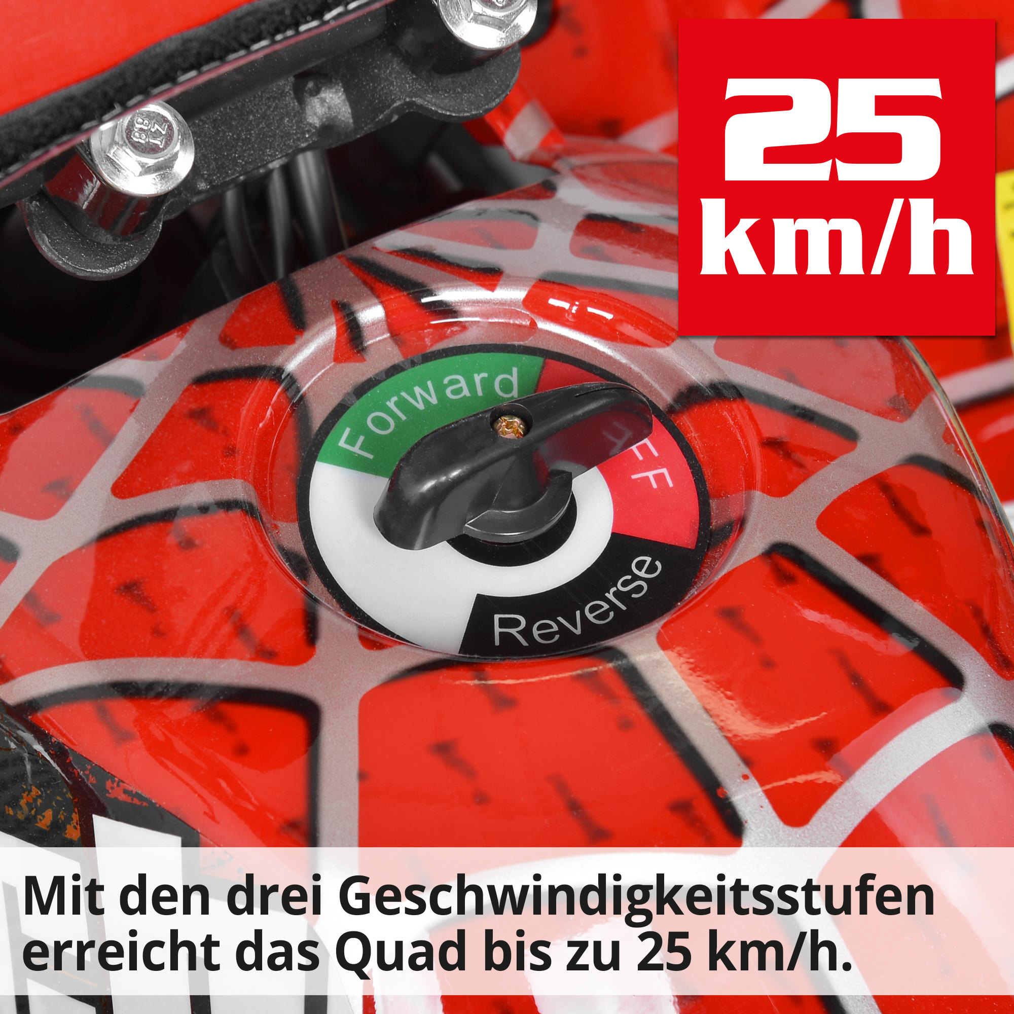 Elektro Quad 56100 Rot mit den 3 Geschwindigkeitsstufen erreicht das Quad bis zu 25km/h