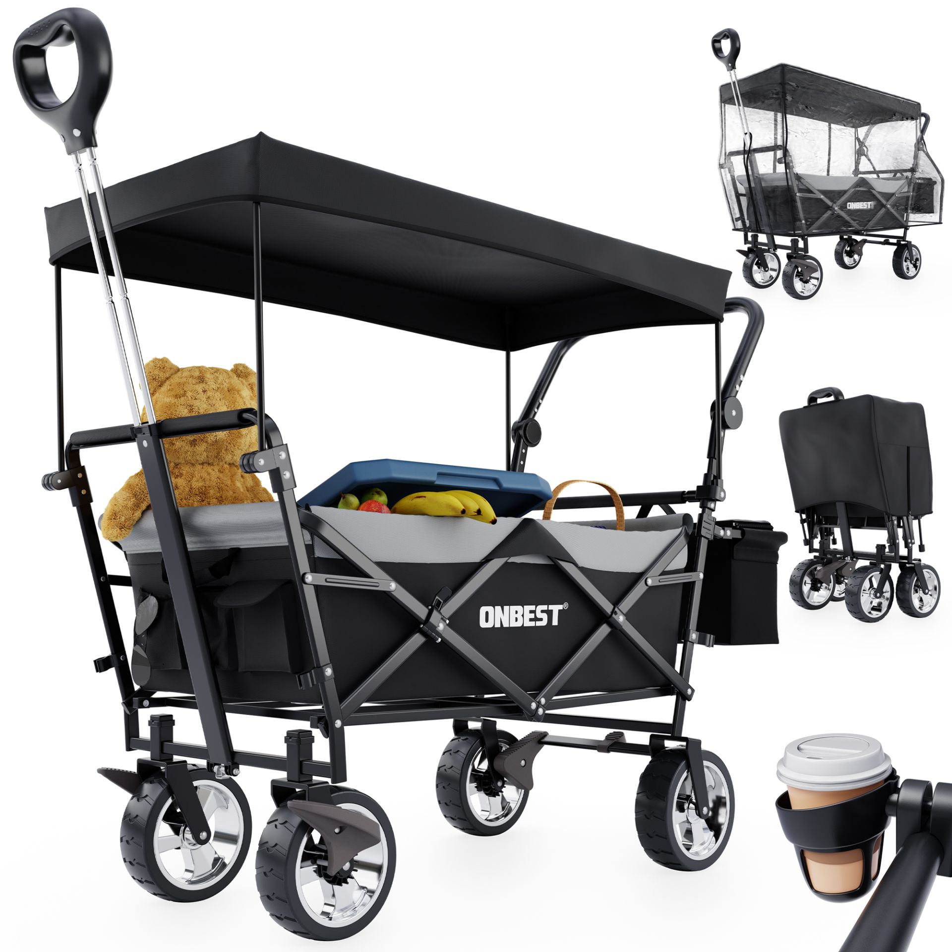 Bollerwagen ONBEST klappbar mit Sonnendach, Regenschutz, Getränkehalter und viel Stauraum