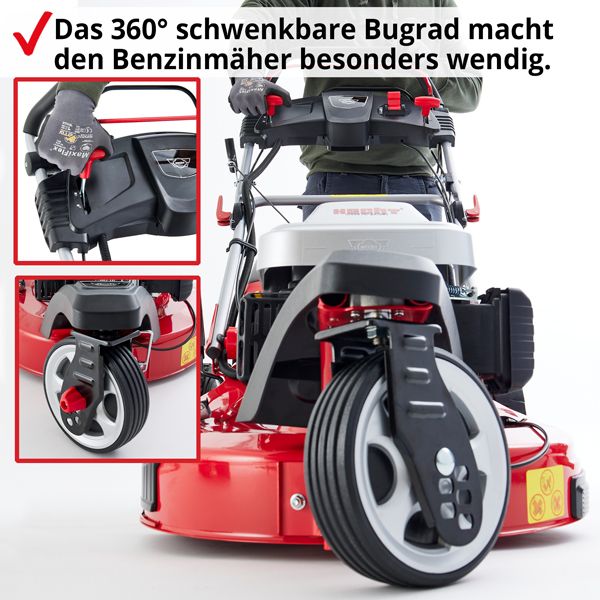 Benzin Rasenmäher; Sehr wendig dank 360 schwenkbarem Bugrad