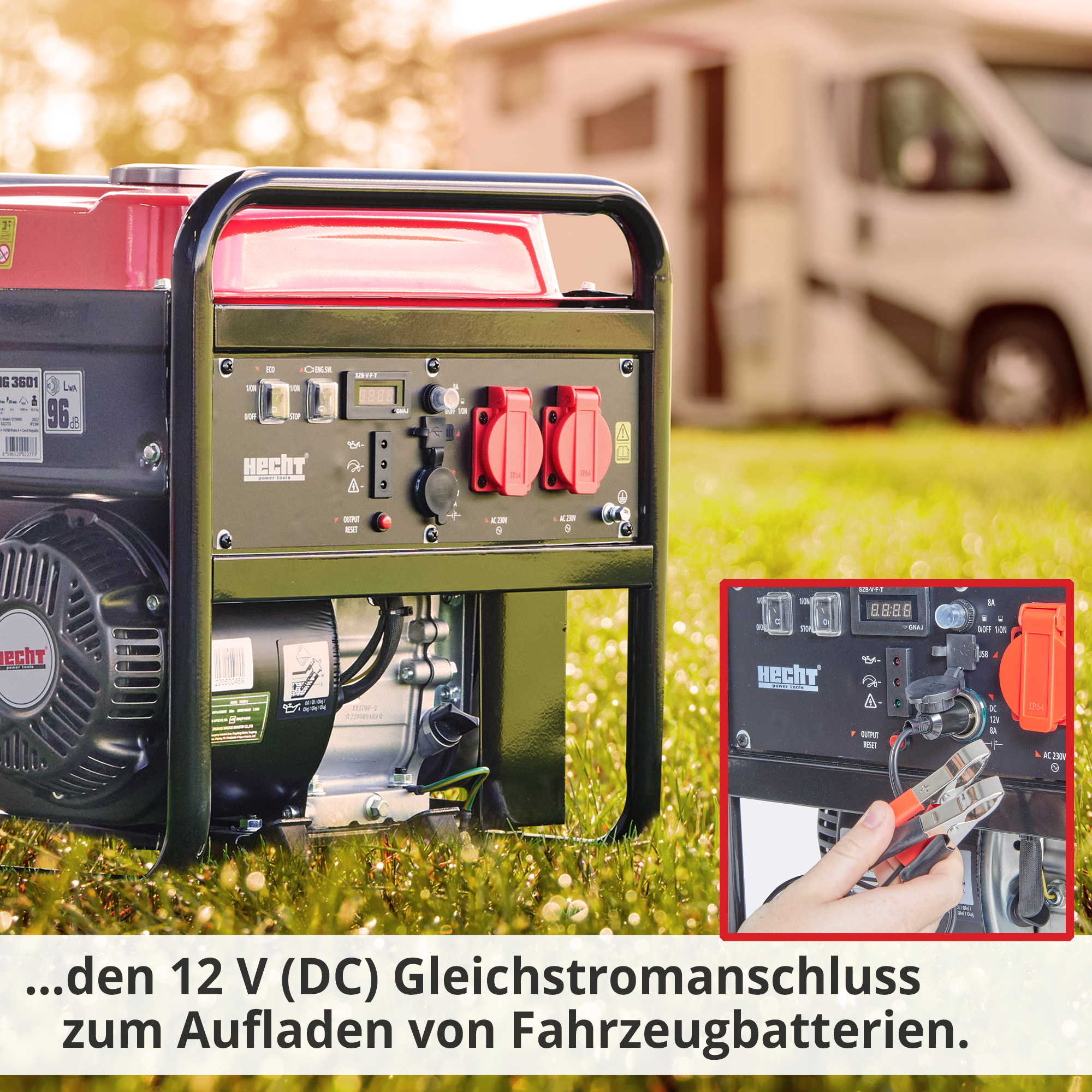 Hecht IG 3601 Inverter Benzin Notstromaggregat; Mit den Gleichstromanschluss Fahrzeugbatterien aufladen