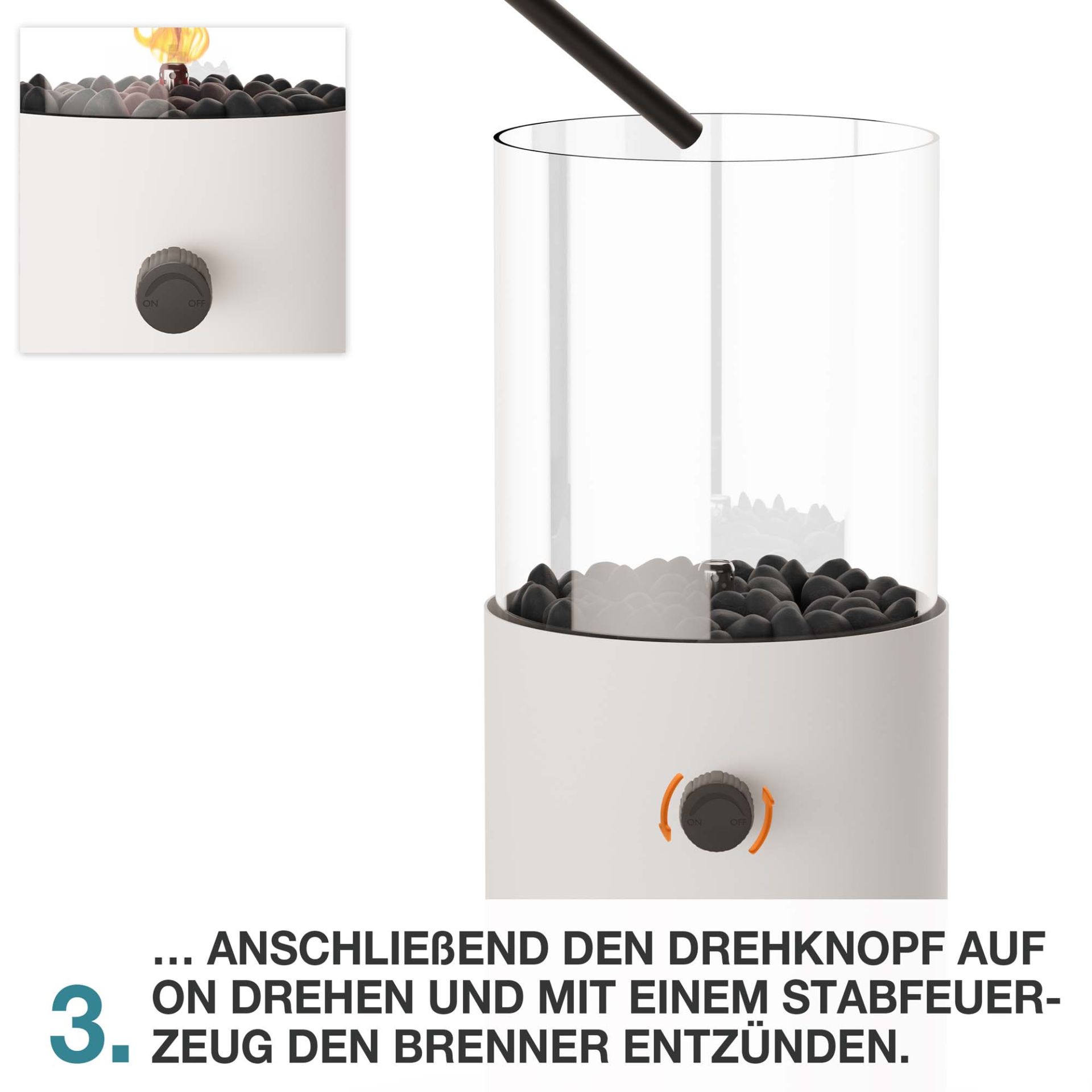 Tischkamin Anleitung Schritt 3: Drehregler auf ON stellen und Flamme per Feuerzeug entzünden Tischkamin Anleitung Schritt 3: Drehregler auf ON stellen und Flamme per Feuerzeug entzünden