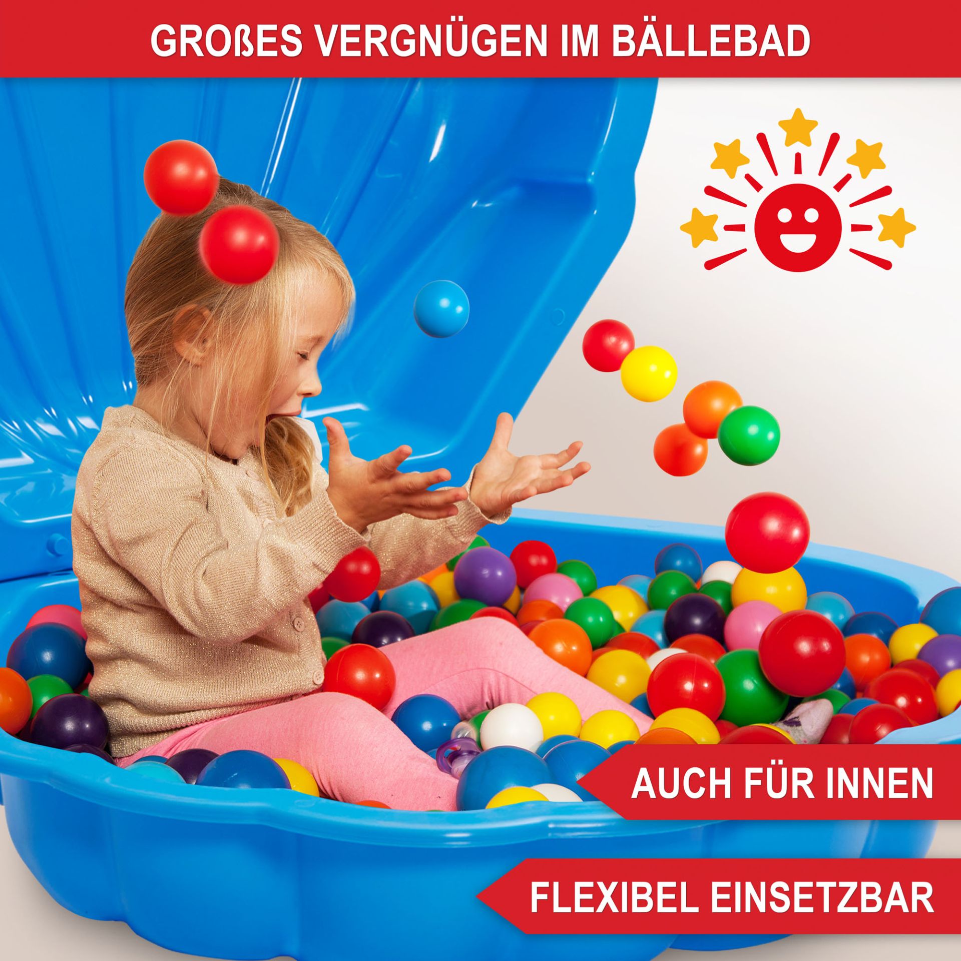 Sandkasten Muschel blau - großes Vergnügen im Bällebad, auch für innen, flexibel einsetzbar