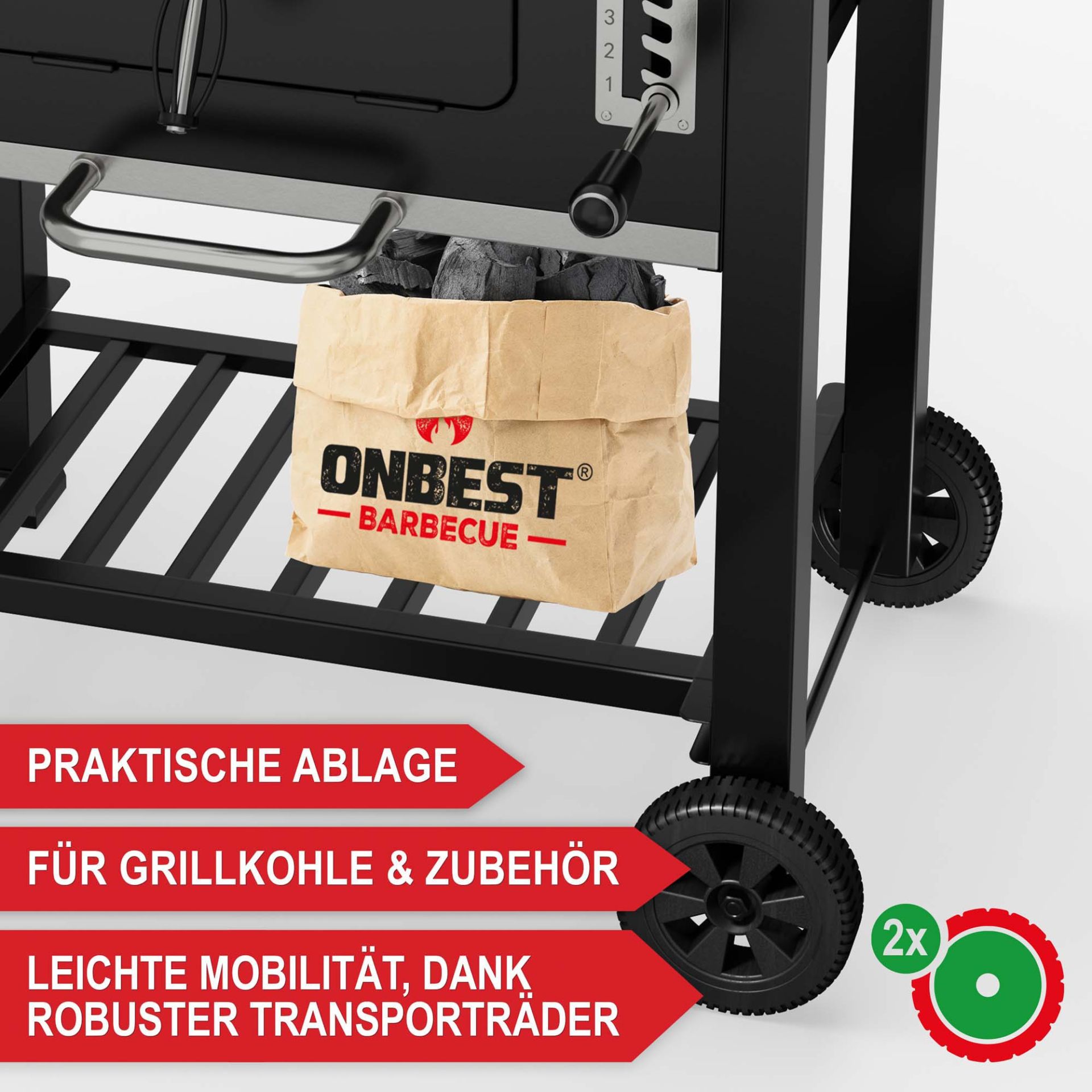 Holzkohlegrill Austin - praktische Ablage; für Grillkohle und Zubehör; Leichte Mobilität dank robuster Transporträder