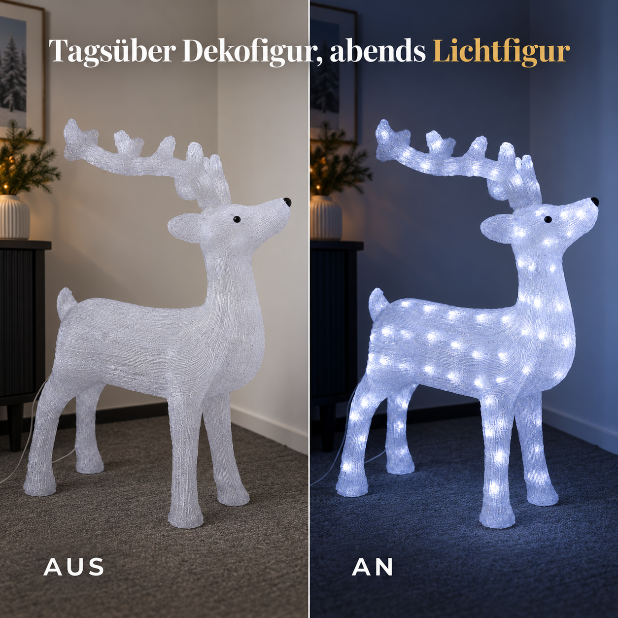 Weihnachtsfigur Rentier: Tagsüber elegante Deko, abends hell erleuchtet (Dieses Bild wurde mit Hilfe von KI generiert.)