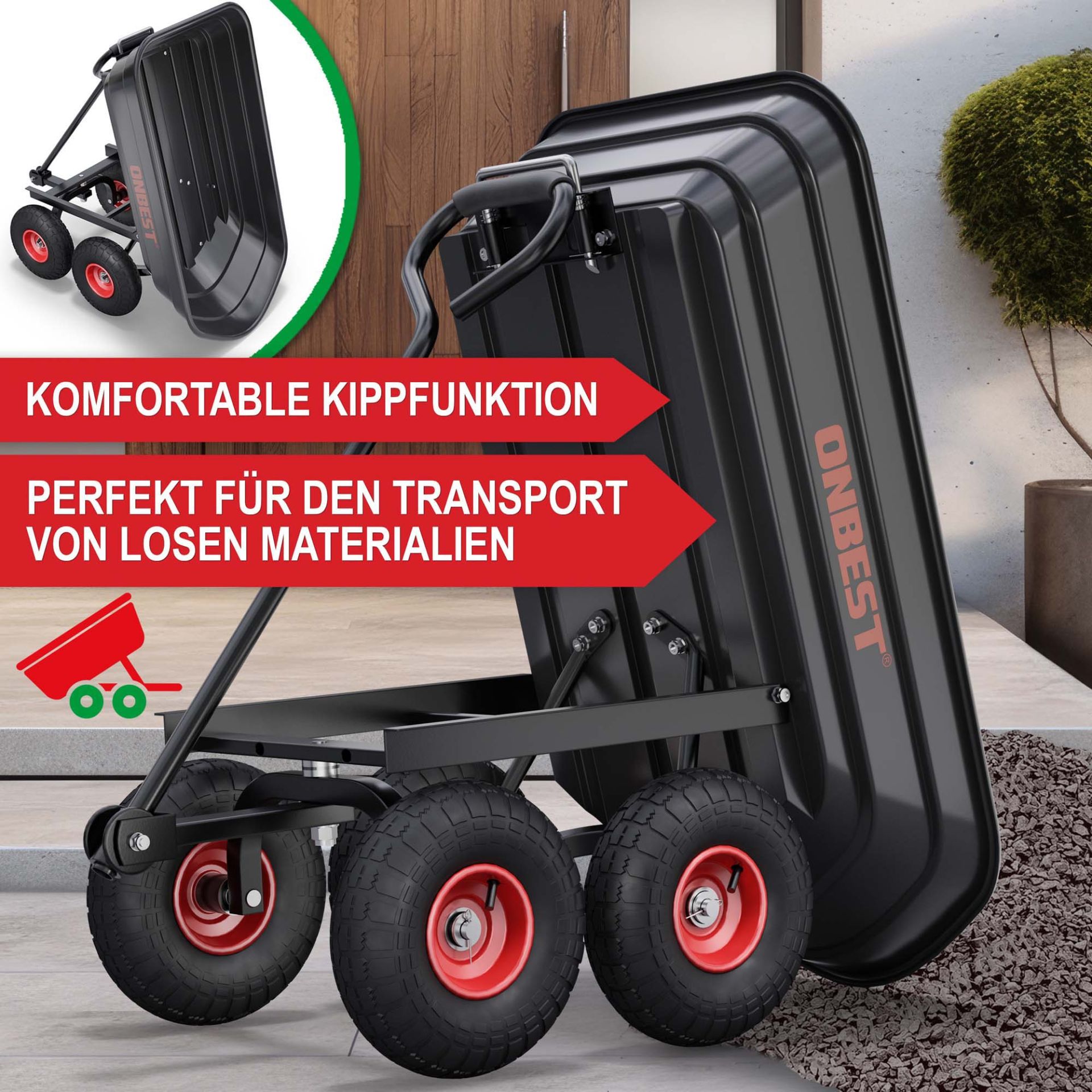 Gartenwagen - komfortable Kippfunktion, perfekt für den Transport von losen Materialien