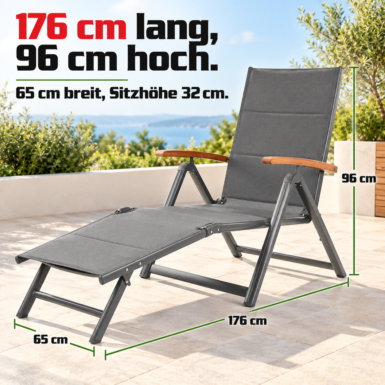 Maße der Montana Liege: 176 cm lang, 65 cm breit und 96 cm hoch (Dieses Bild wurde mit Hilfe von KI generiert.)