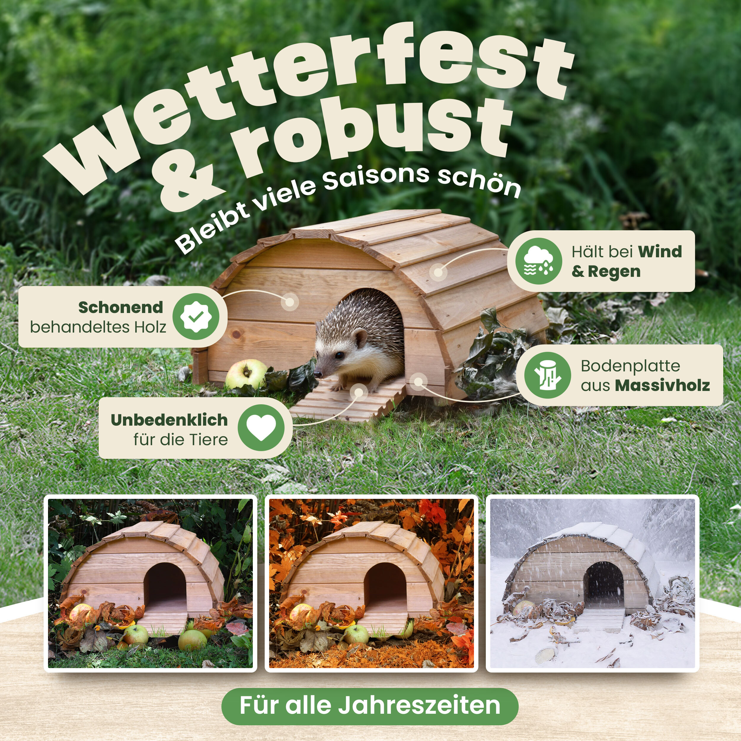 Holz Igelhaus mit wetterfestem Dach schützt zuverlässig vor Nässe und Kälte