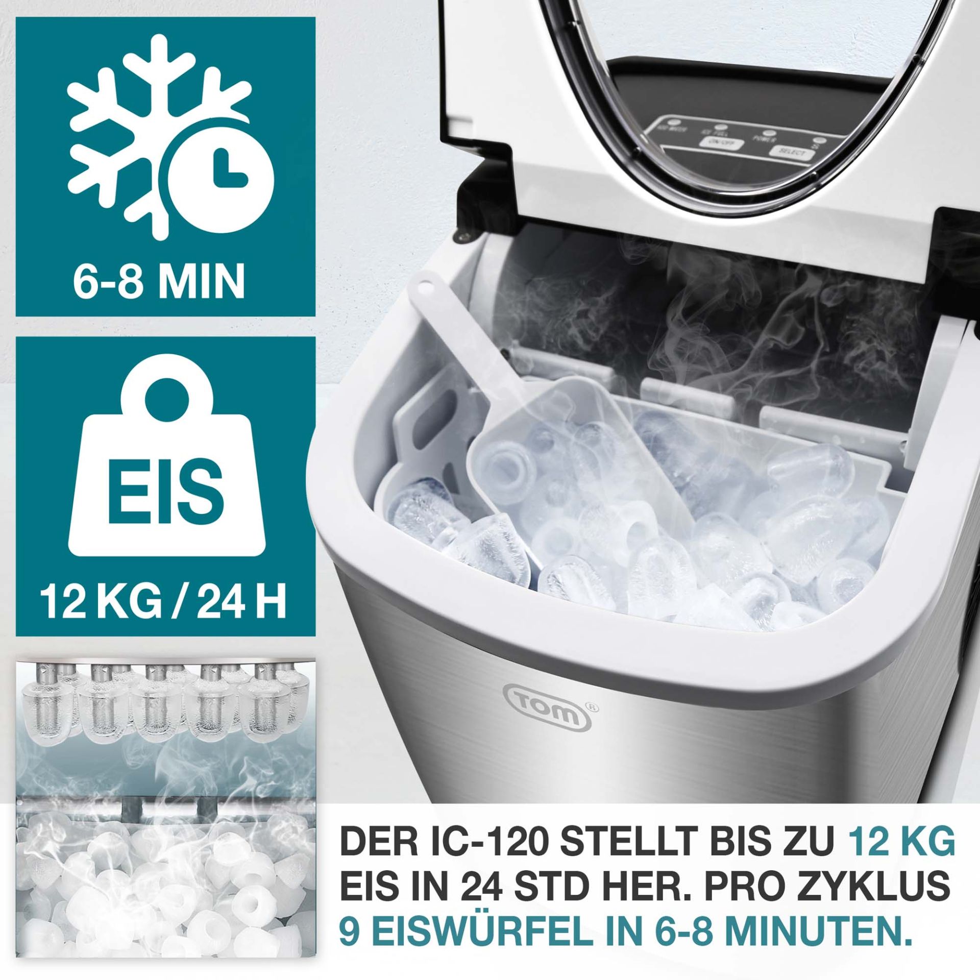 TOM Eiswürfelmaschine IC-120: bis zu 12 Kilogramm Eis in 24 Stunden oder 9 Eiswürfel in 6 bis 8 Minuten