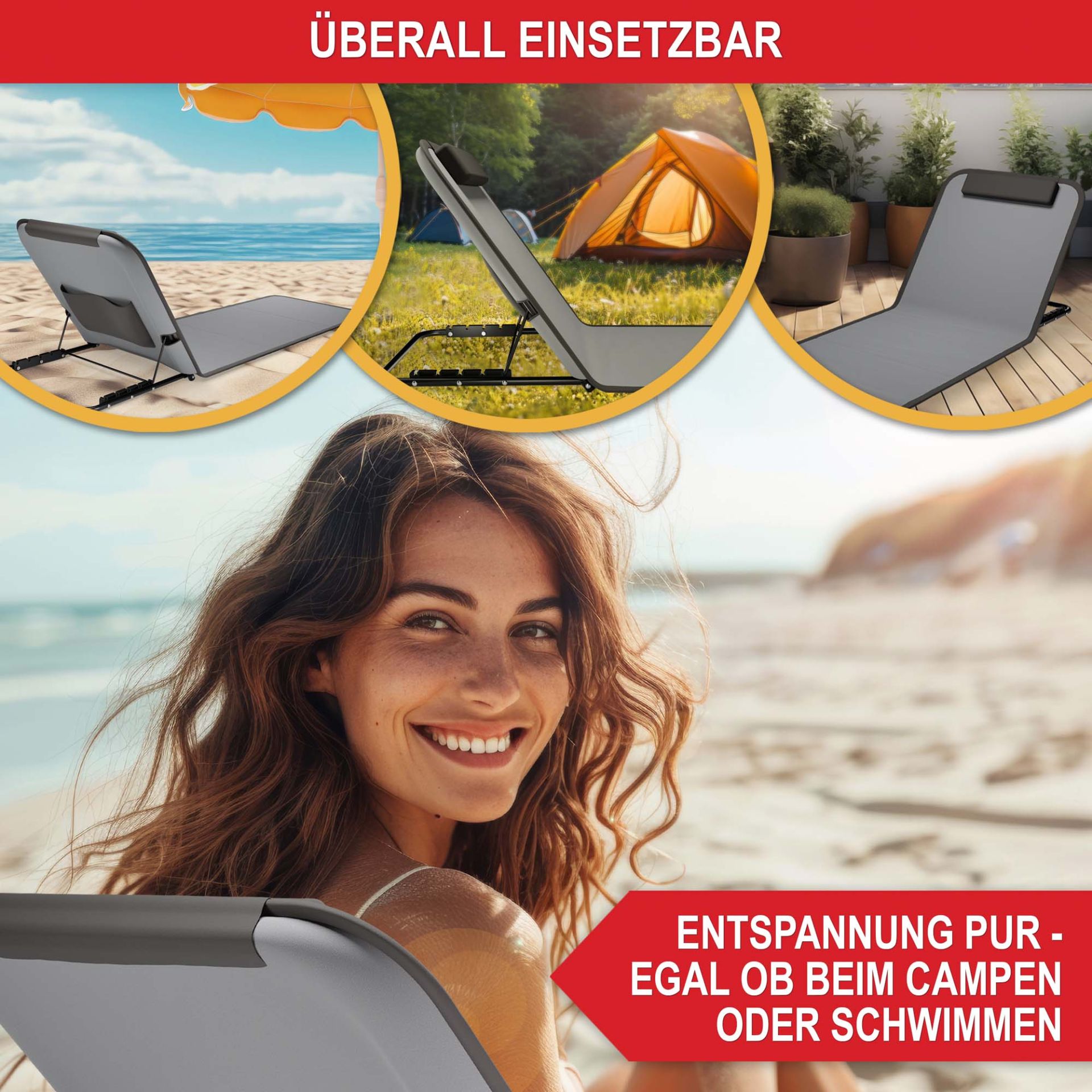 Strandliege grau - Überall einsetzbar, Entspannung pur beim campen oder schwimmen