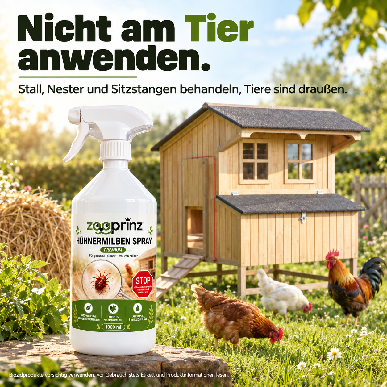 zooprinz Spray Hinweis: Nicht am Tier anwenden, nur Ställe behandeln (Dieses Bild wurde mit Hilfe von KI generiert.)