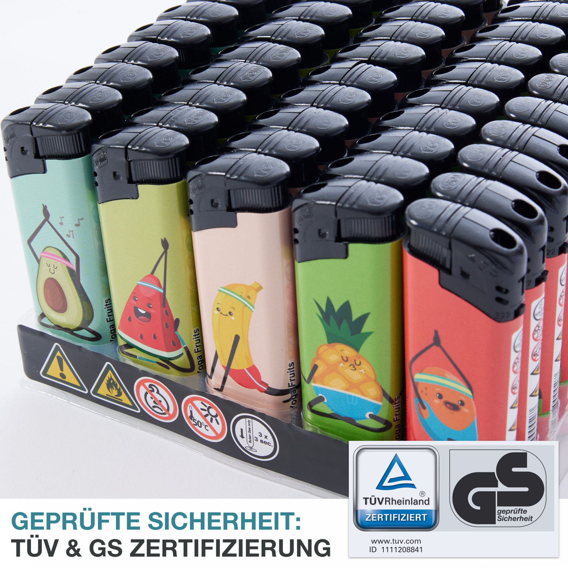 TOM Elektronik Feuerzeug Yoga Fruits; TÜV und GS Zertifizierung TOM Elektronik Feuerzeug Yoga Fruits; TÜV und GS Zertifizierung