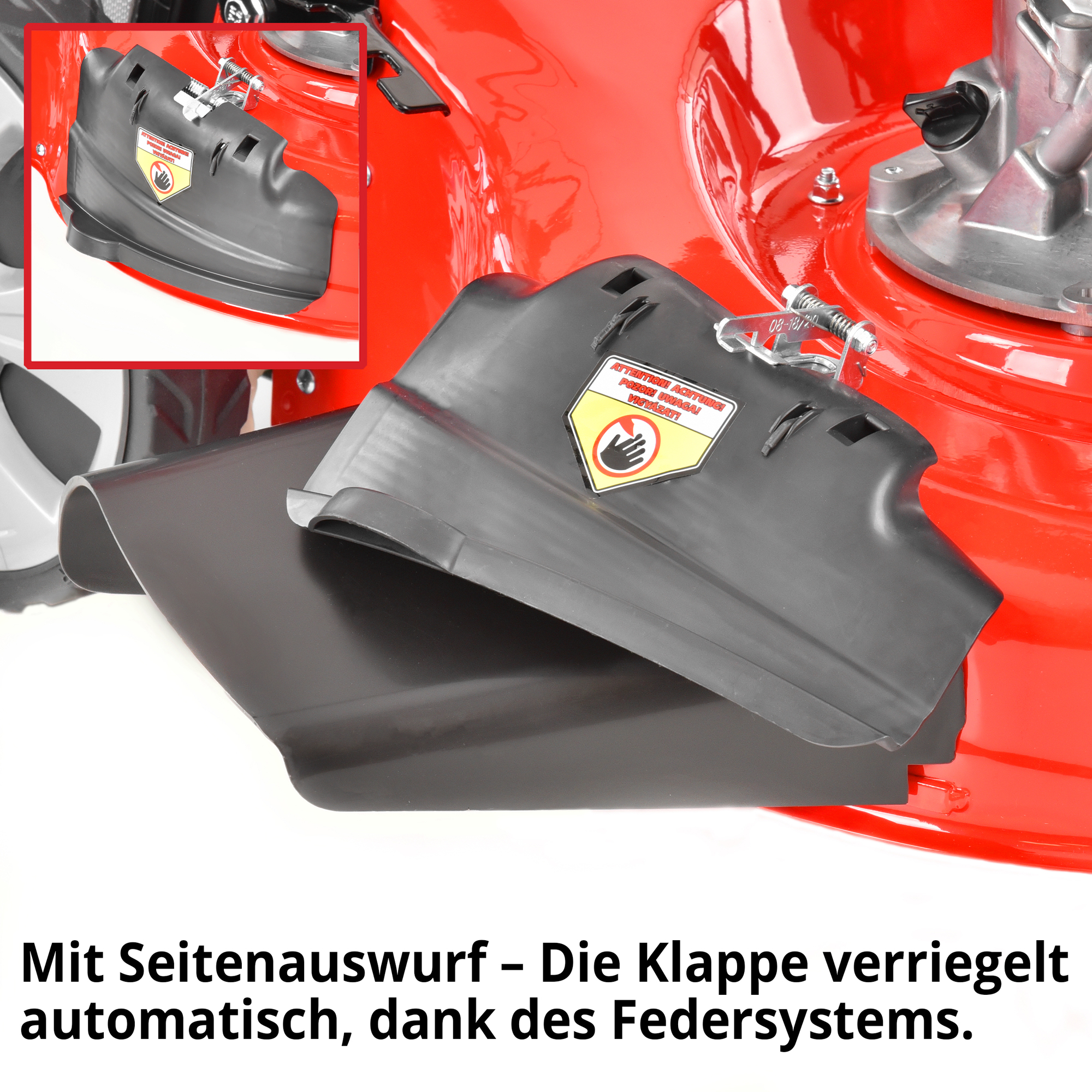 Rasenmäher Benzin Seitenauswurf Klappe offen Deflektor Auswurfkanal Federsystem (Dieses Bild wurde mit Hilfe von KI generiert.)