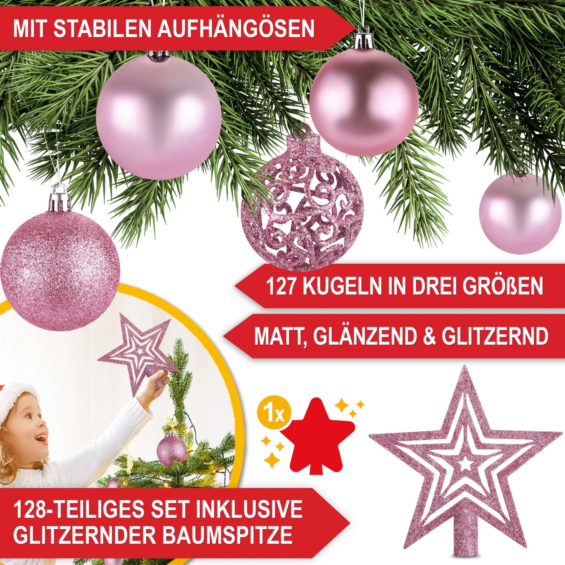 Weihnachtskugeln pink - Stabile Aufhängösen, 127 Kugeln in 3 Größen, matt, glänzend, glitzernd, inklusive Baumspitze