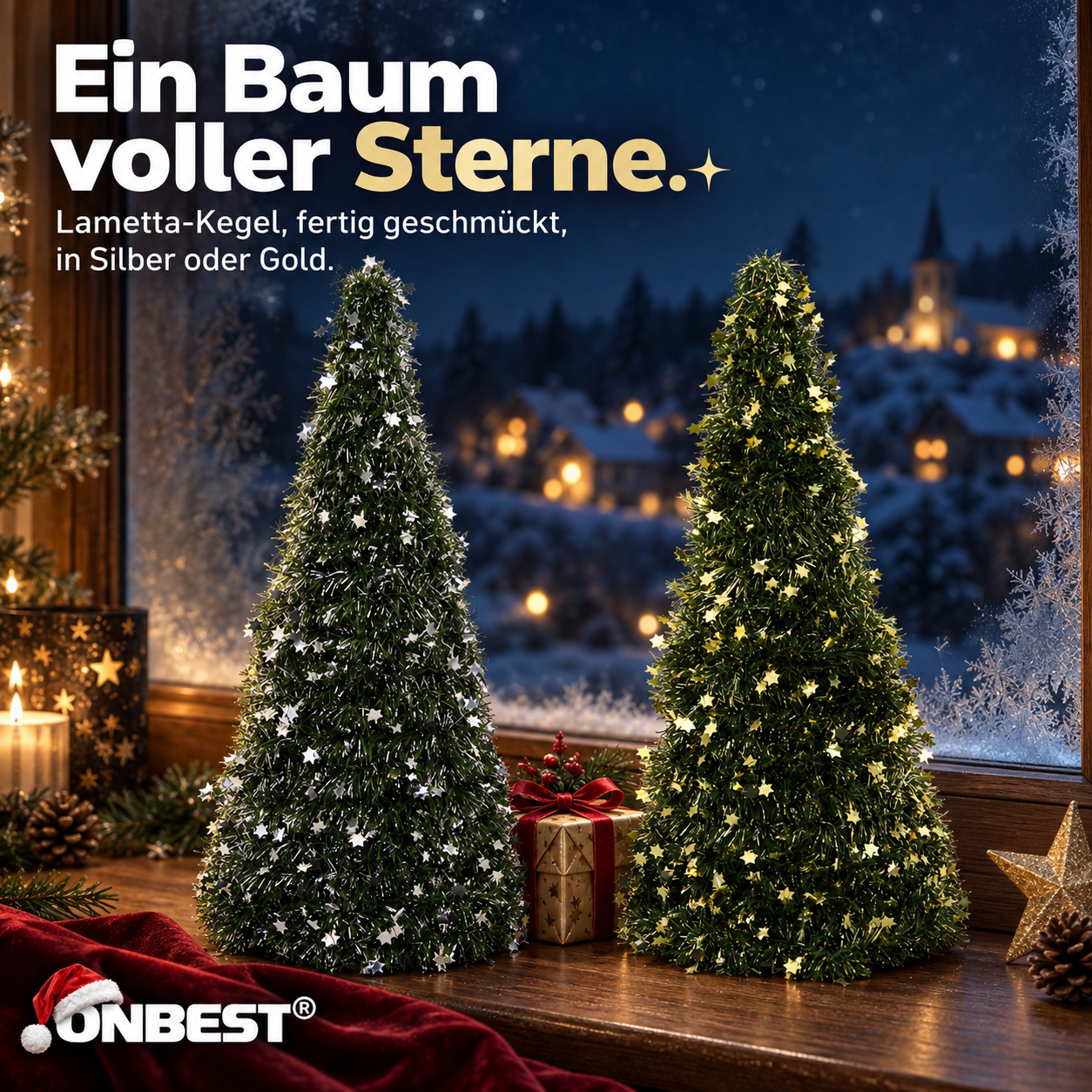 Fakten zum ONBEST Lametta-Baum: Kegelform aus Folie mit Sternen ohne Strom (Dieses Bild wurde mit Hilfe von KI generiert.)