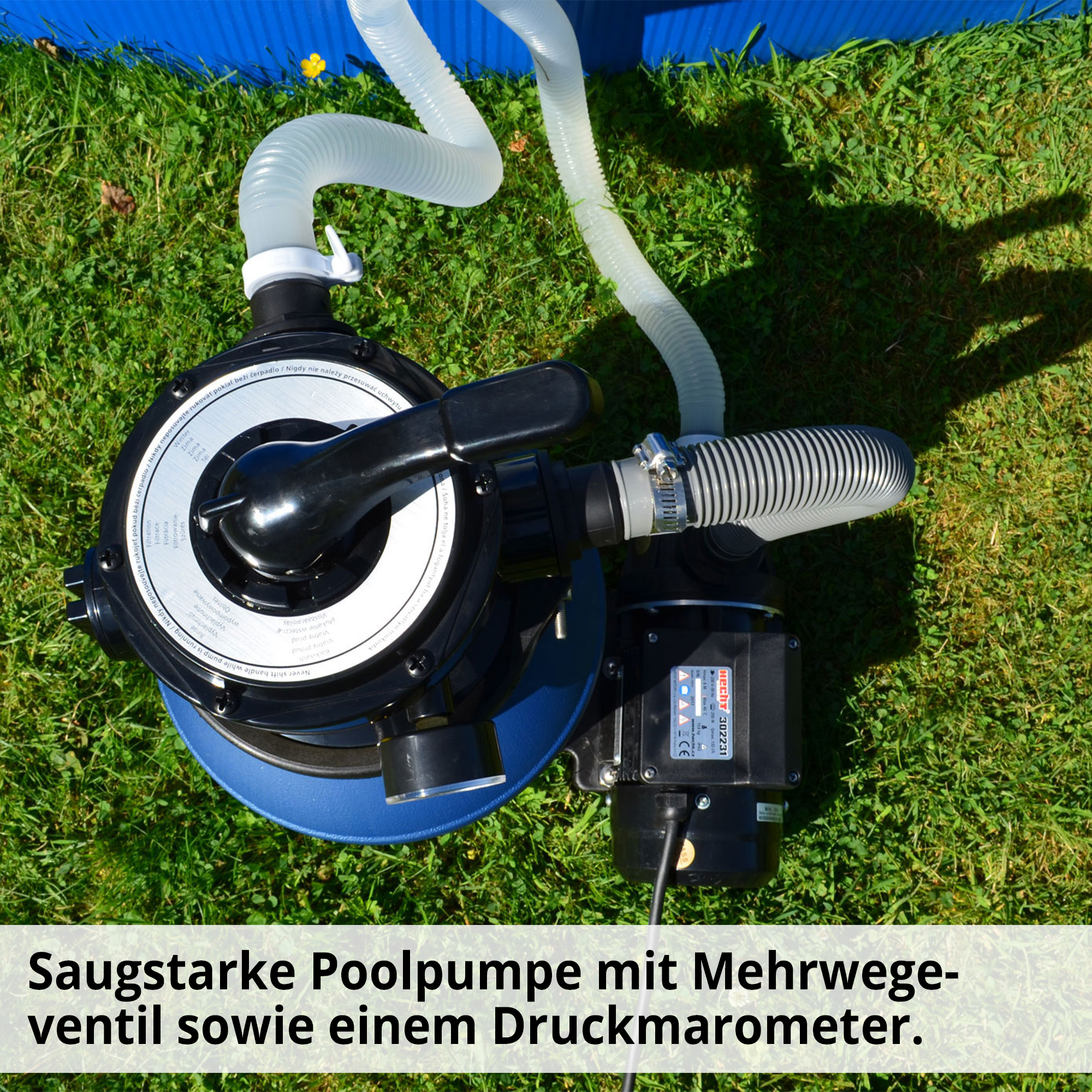 Sand Filteranlage; Saugstark mit Mehrwegventil und Druckmanometer Sand Filteranlage; Saugstark mit Mehrwegventil und Druckmanometer