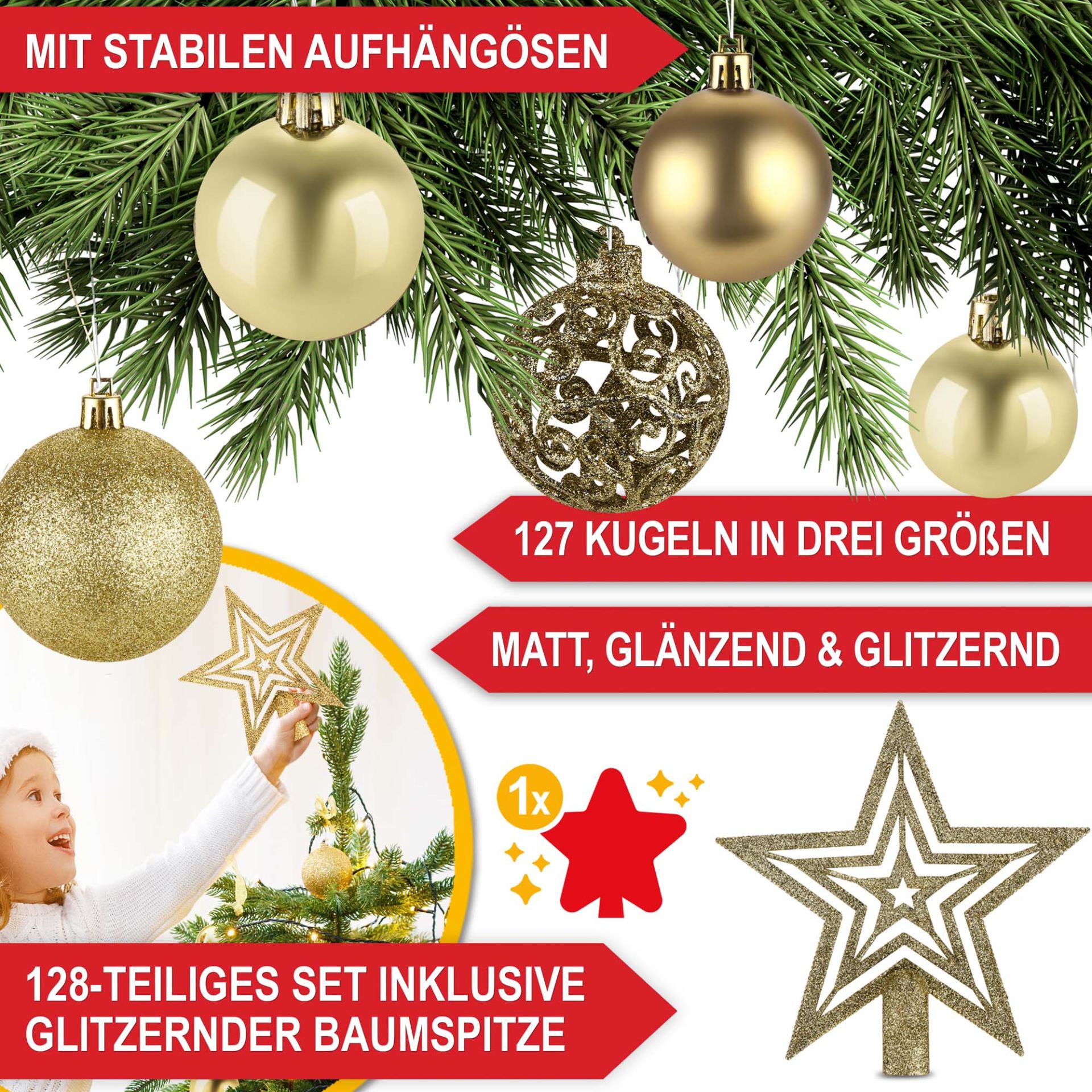 Weihnachtskugeln Gold - Stabile Aufhängösen, 127 Kugeln in 3 Größen, matt, glänzend, glitzernd, inklusive Baumspitze