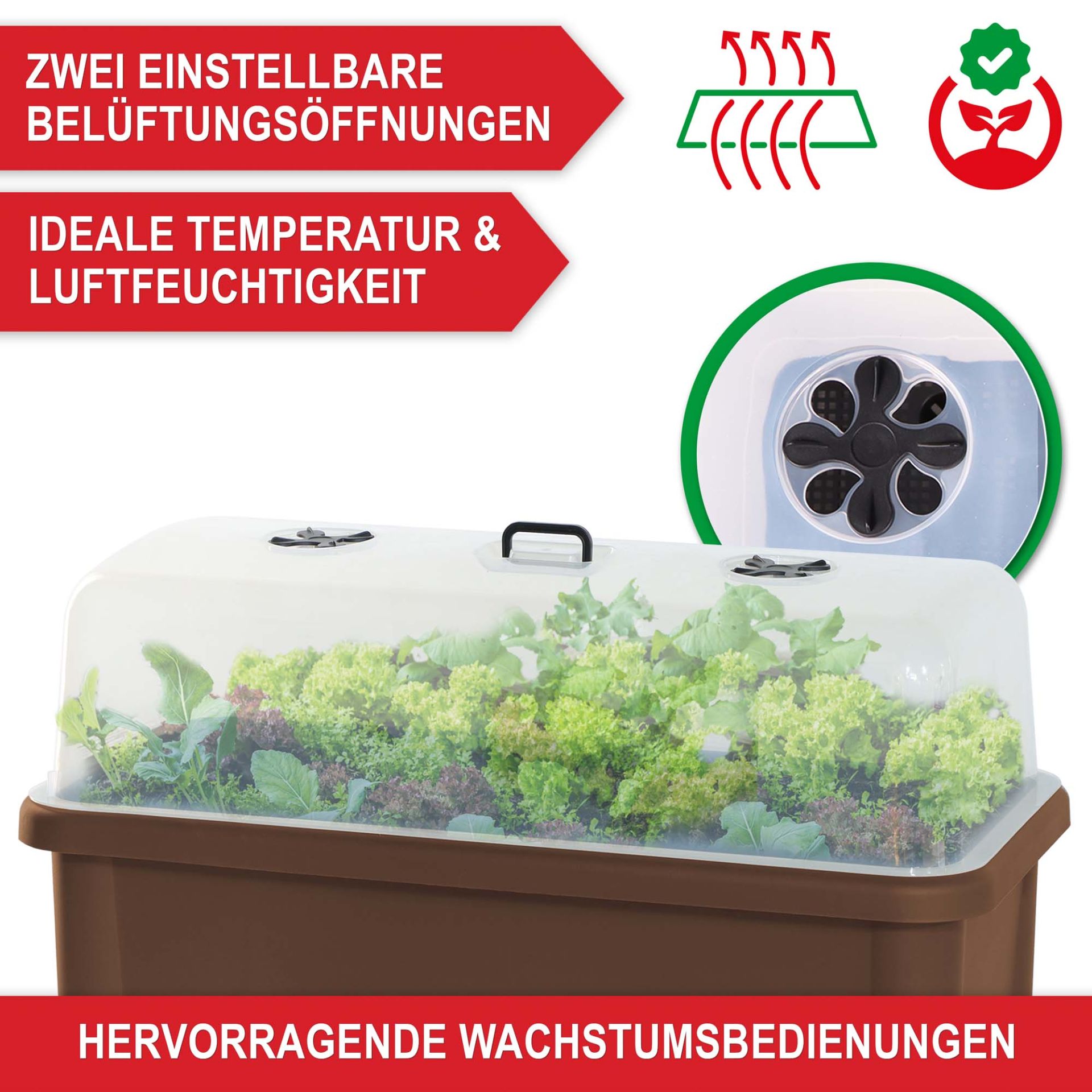 Hochbeet Kunststoff Coffee - 2 einstellbare Belüftungsöffnungen; ideale Temperatur und Luftfeuchtigkeit; Hervorragende Wachstumsbedingungen  Hochbeet Kunststoff Coffee - 2 einstellbare Belüftungsöffnungen; ideale Temperatur und Luftfeuchtigkeit; Hervorragende Wachstumsbedingungen