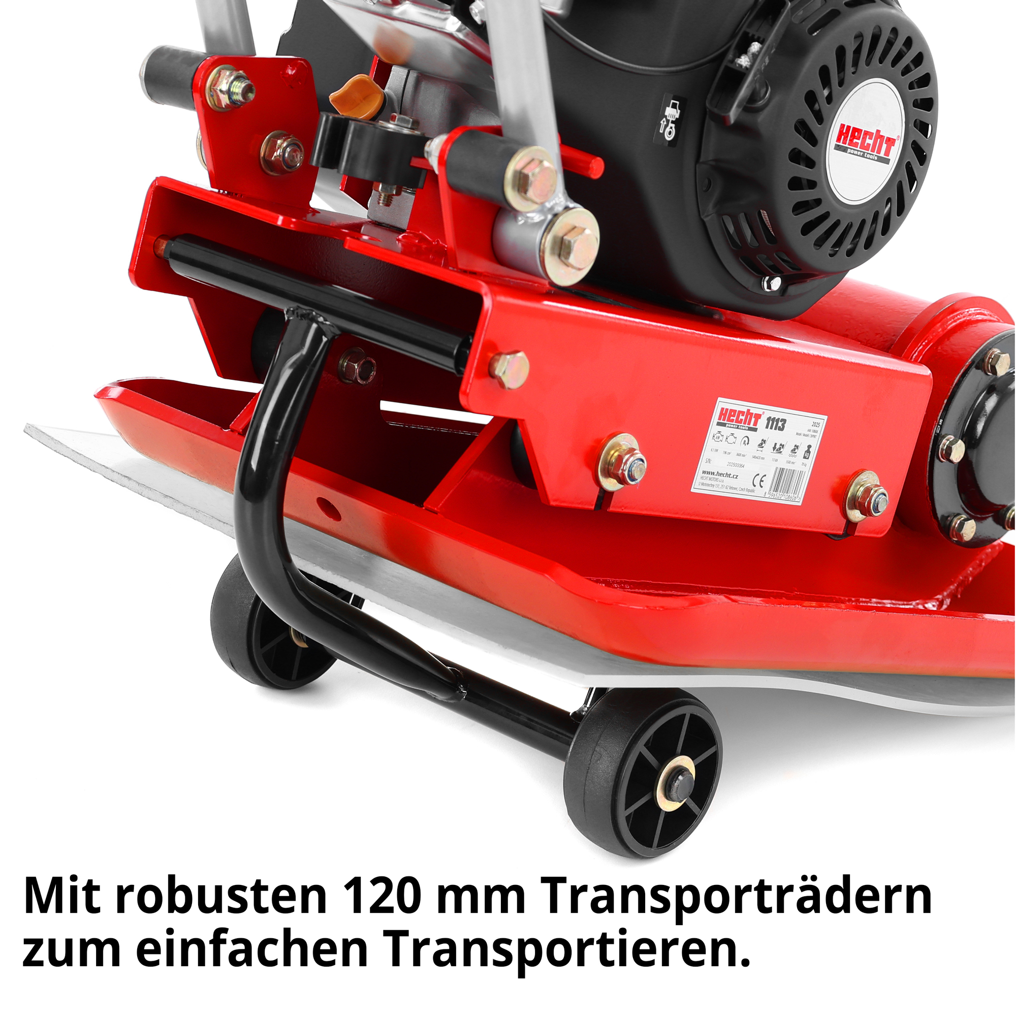 HECHT 1113 Rüttelplatte mit robusten 120 mm Transporträdern zum einfachen Transportieren