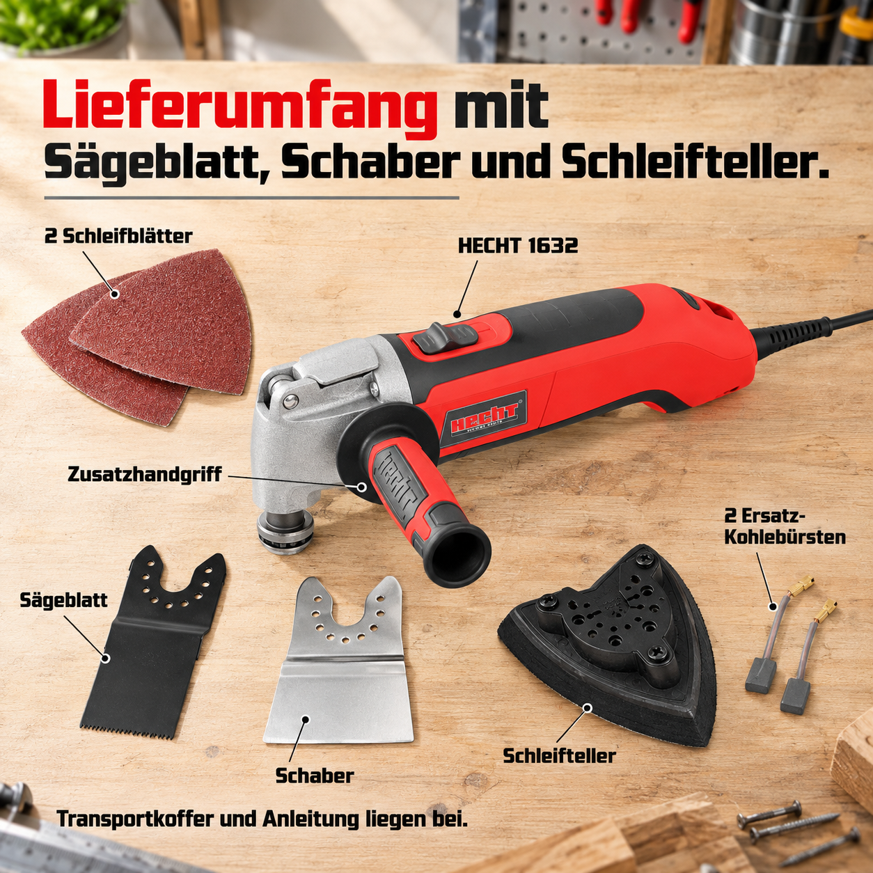 Lieferumfang Multifunktionswerkzeug: Sägeblatt, Schaber und Schleifteller (Dieses Bild wurde mit Hilfe von KI generiert.)