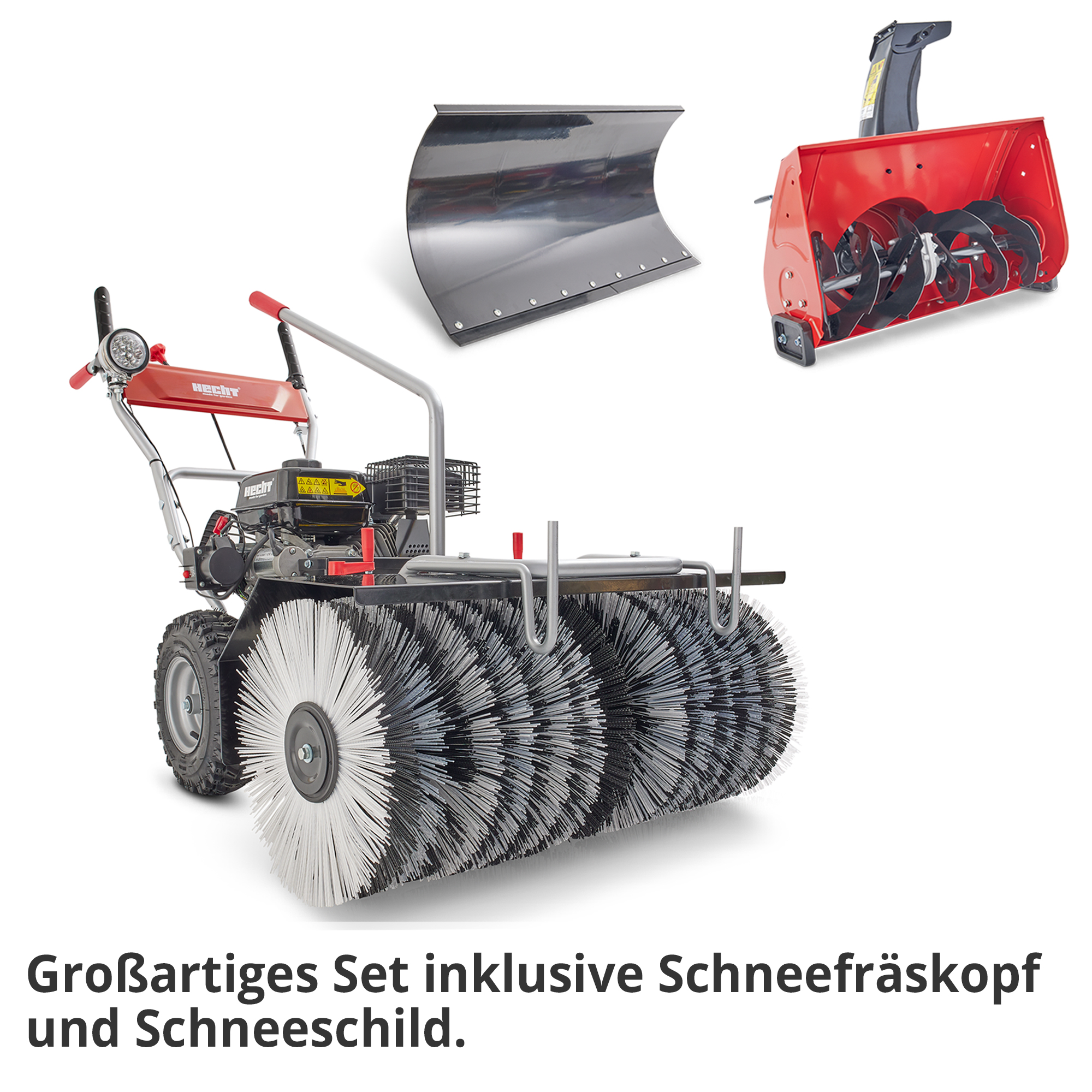 Hecht Kehrmaschine mit Schneefräskopf und Schneeschild 
