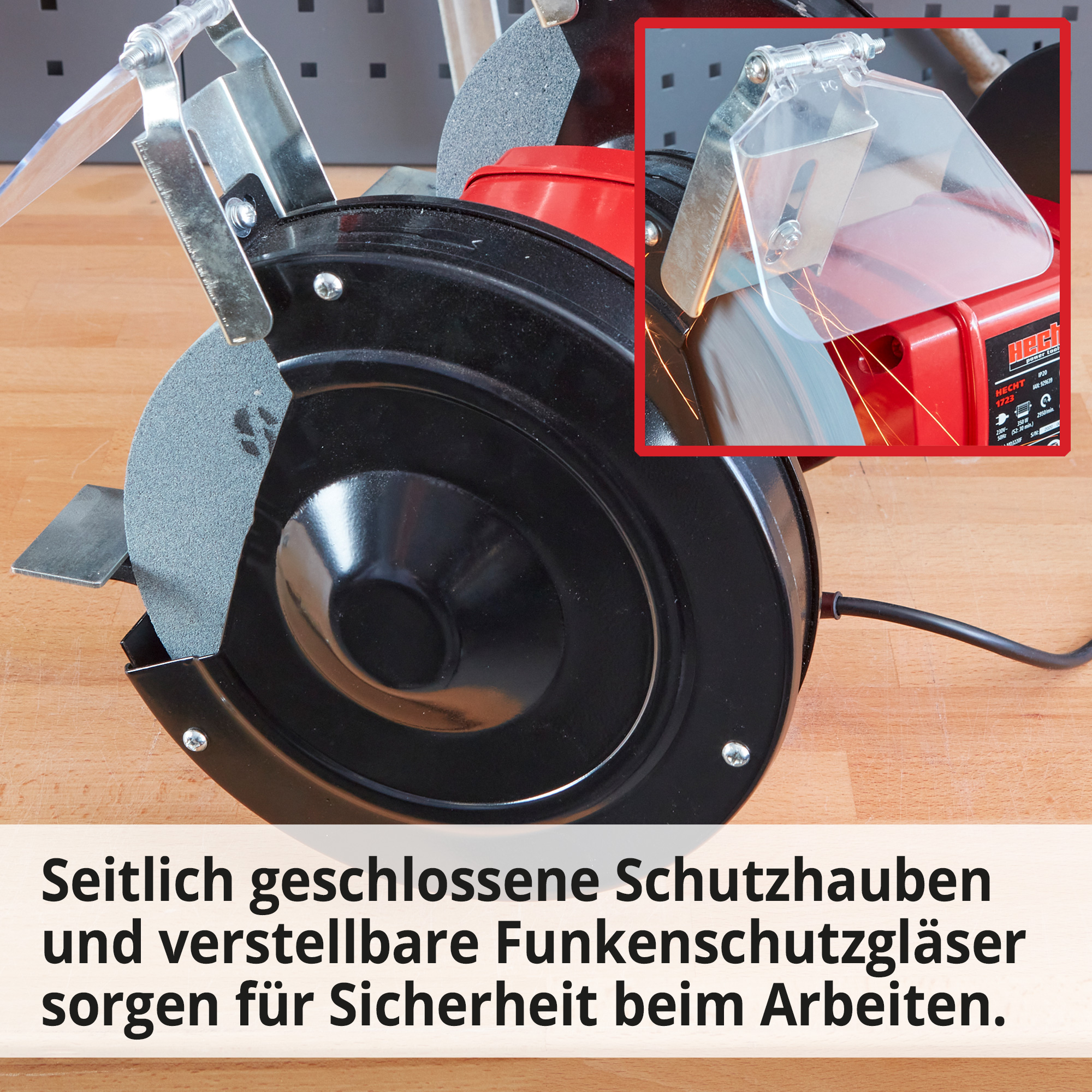 Hecht 1723 Doppelschleifer; Seitlich geschlossene Schutzhauben und verstellbare Funkenschutzgläser sorgen für Sicherheit beim Arbeiten