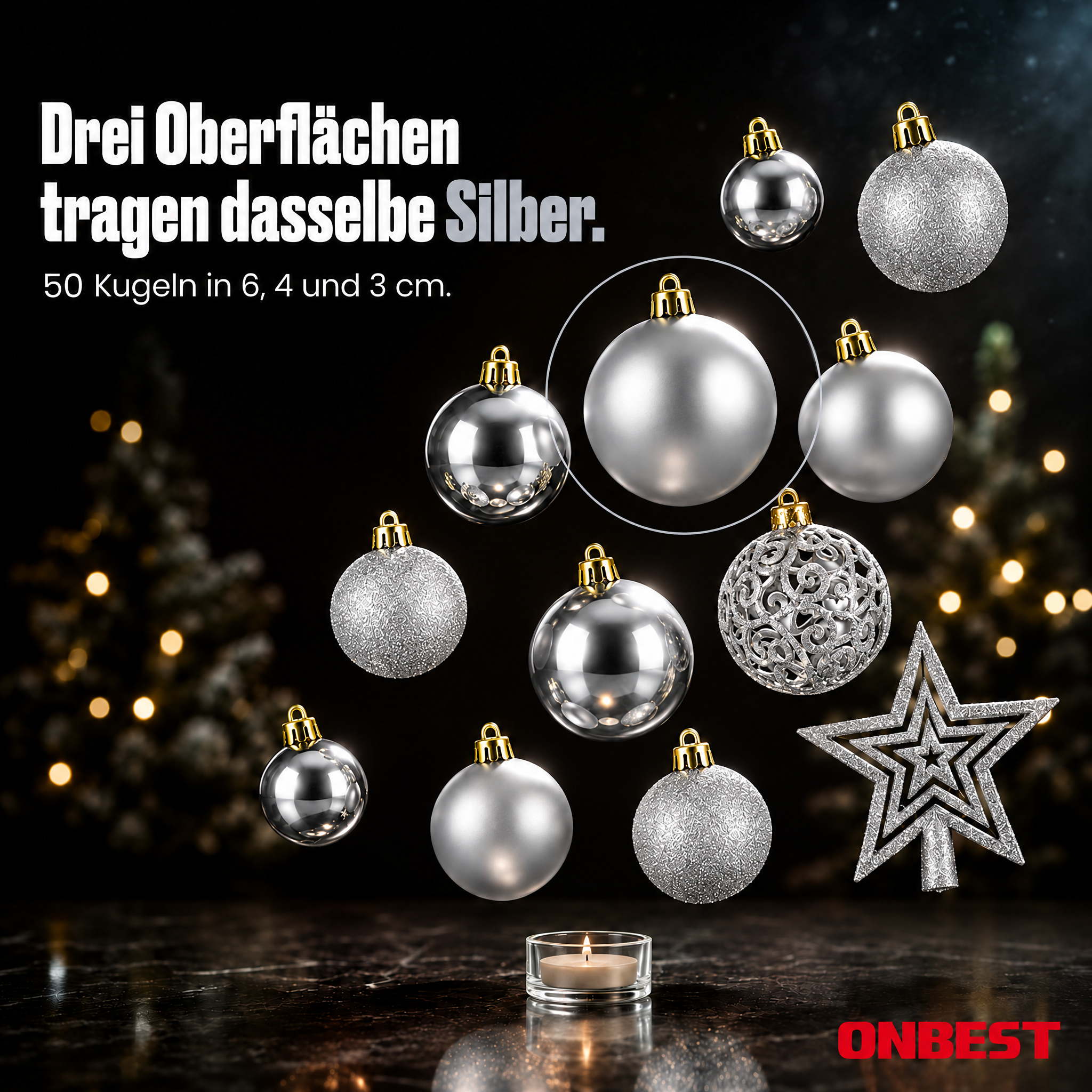Christbaumkugeln Silber ONBEST: Drei Oberflächen und Größen im Set. (Dieses Bild wurde mit Hilfe von KI generiert.)