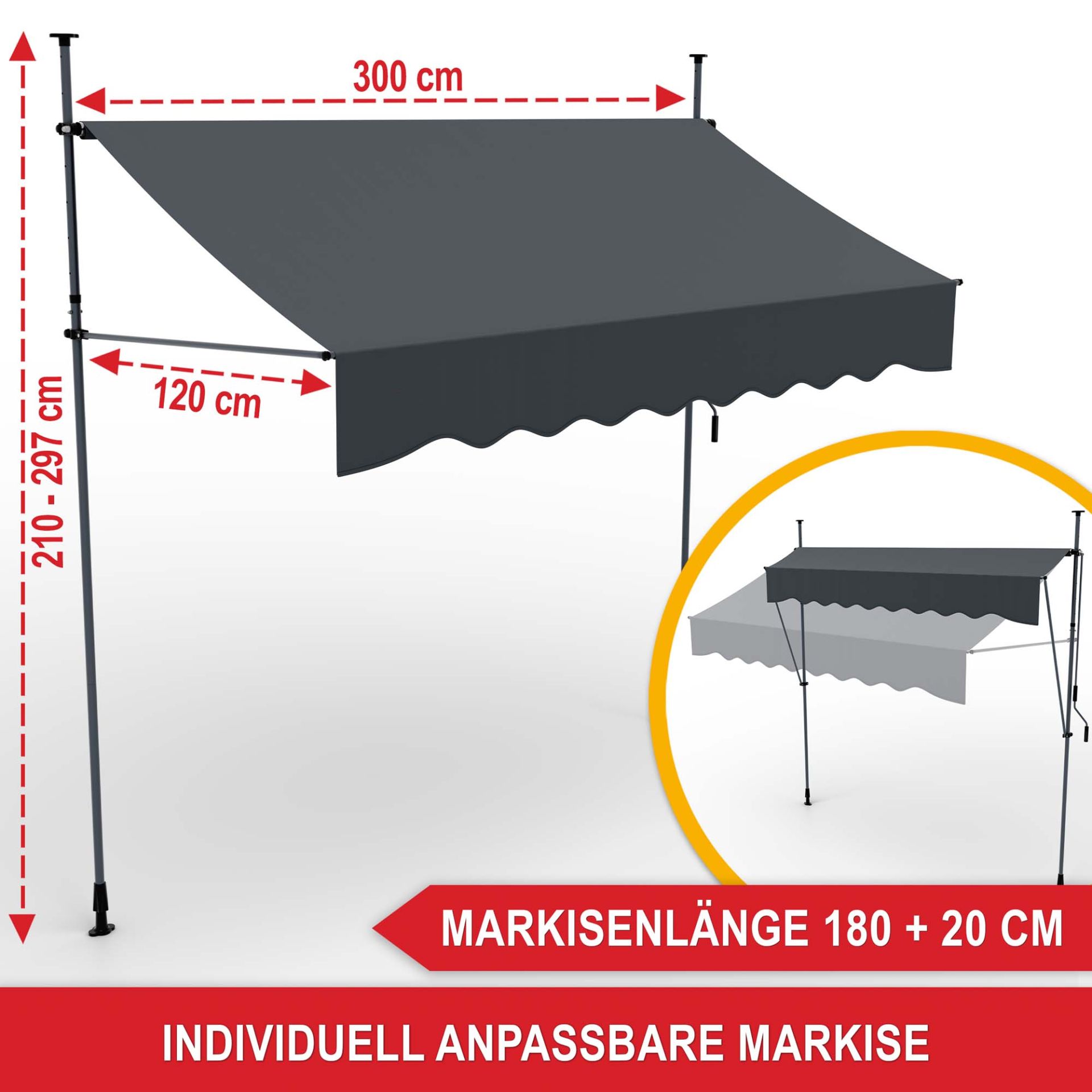 Balkonmarkise L Anthrazit - Markisenlänge, individuell anpassbare Markise