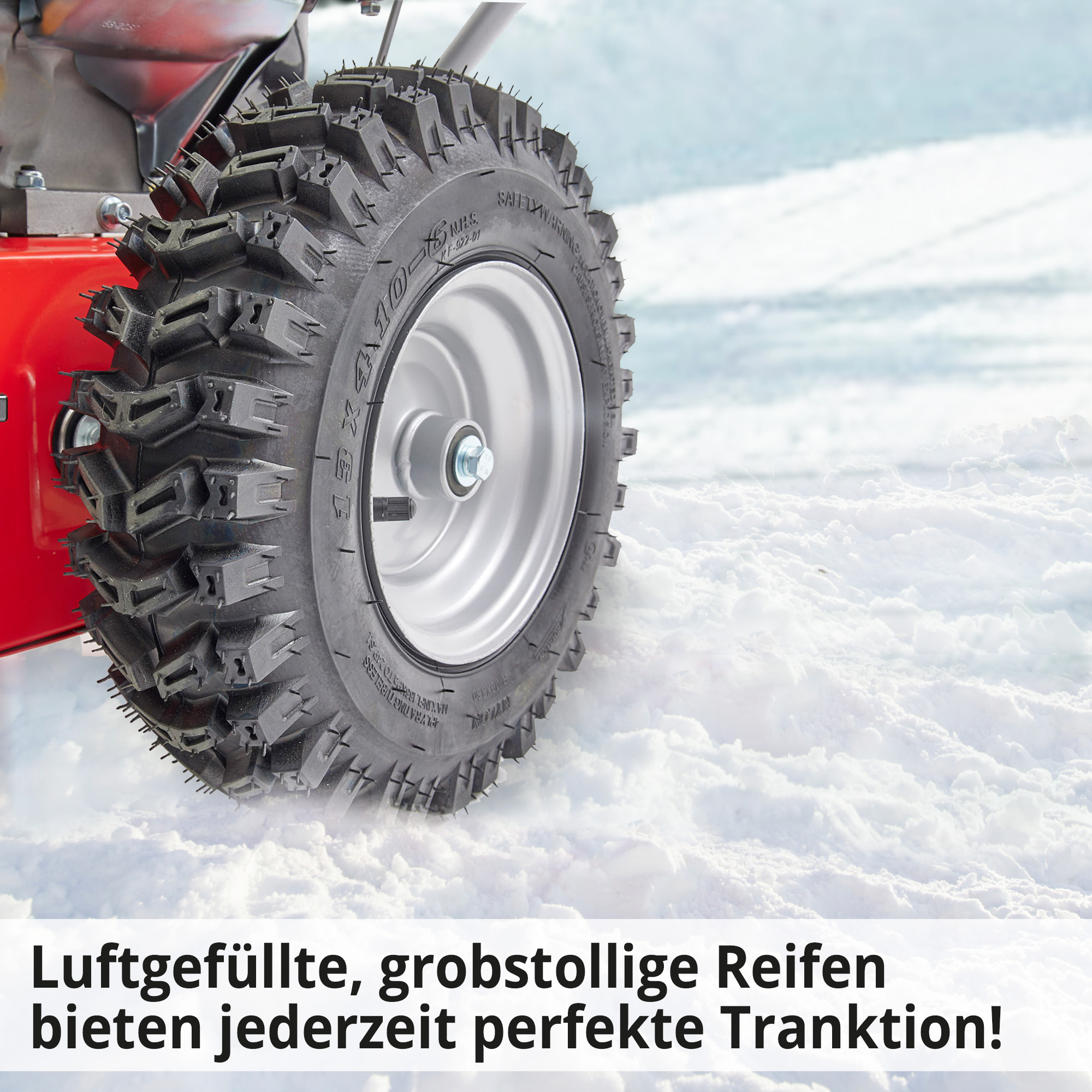 Hecht 9661 Benzin Schneefräse; Luftgefüllte, grobstollige Reifen bieten jederzeit perfekte Tranktion