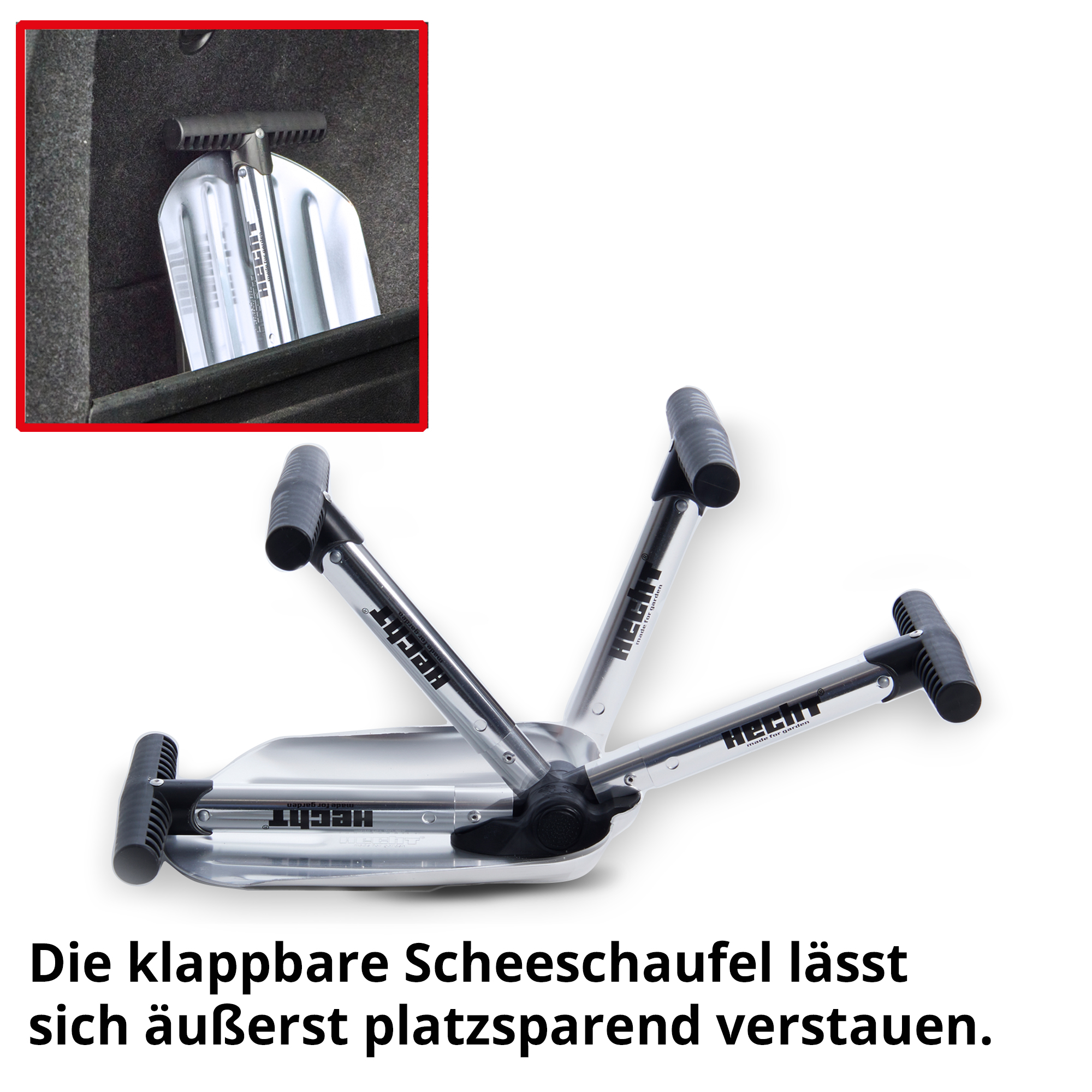 Hecht 205 GT Schneeschaufel Auto; Die klappbare Schneeschaufel lässt sich äußerst platzsparend verstauen
