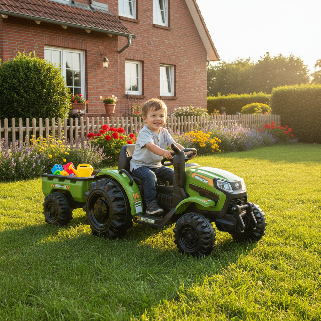 Hecht 50435 GREEN Elektro Kindertraktor mit Anhänger Grün im Garten mit Kind