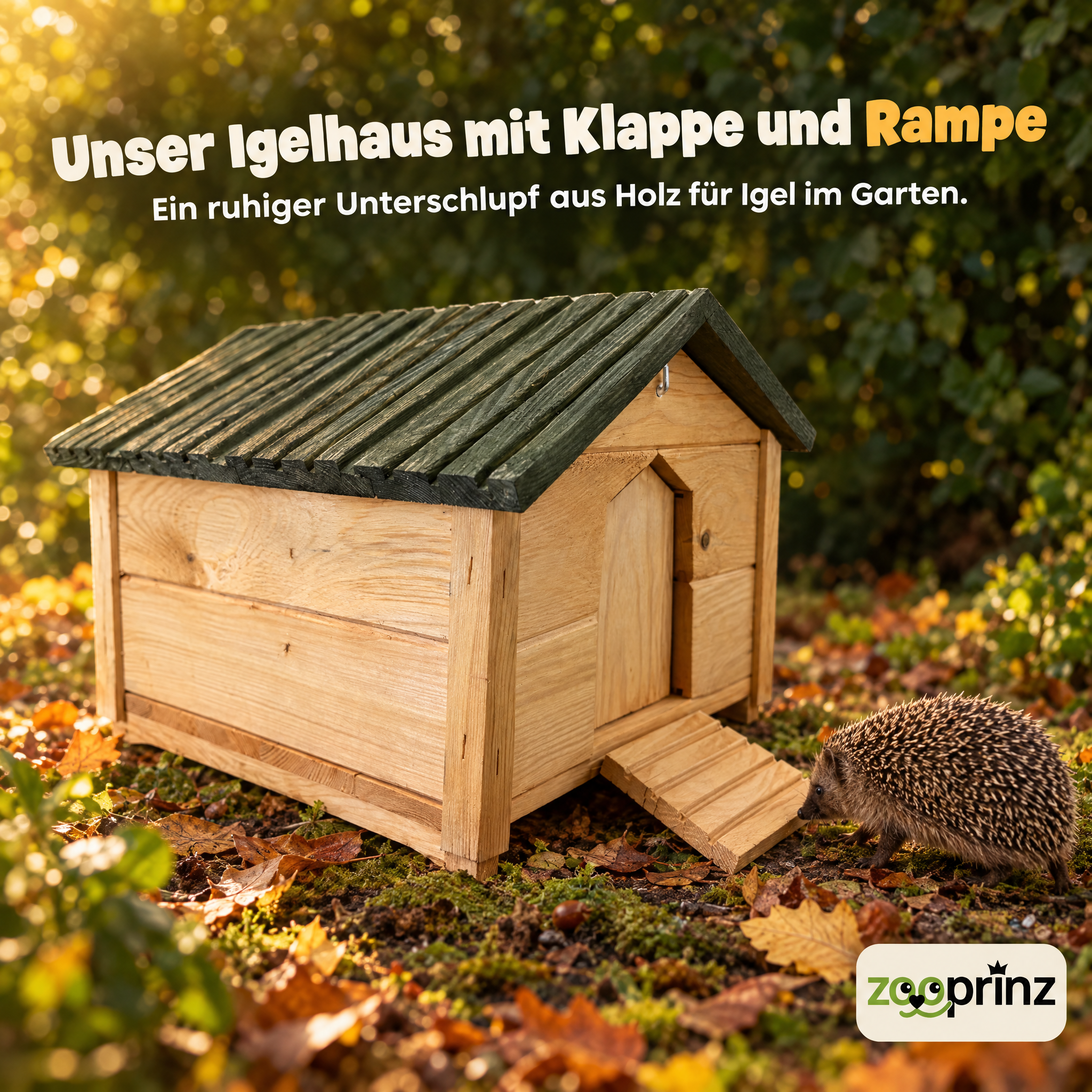 zooprinz Igelhaus Milo: Holz-Unterschlupf mit Rampe im Garten (Dieses Bild wurde mit Hilfe von KI generiert.)
