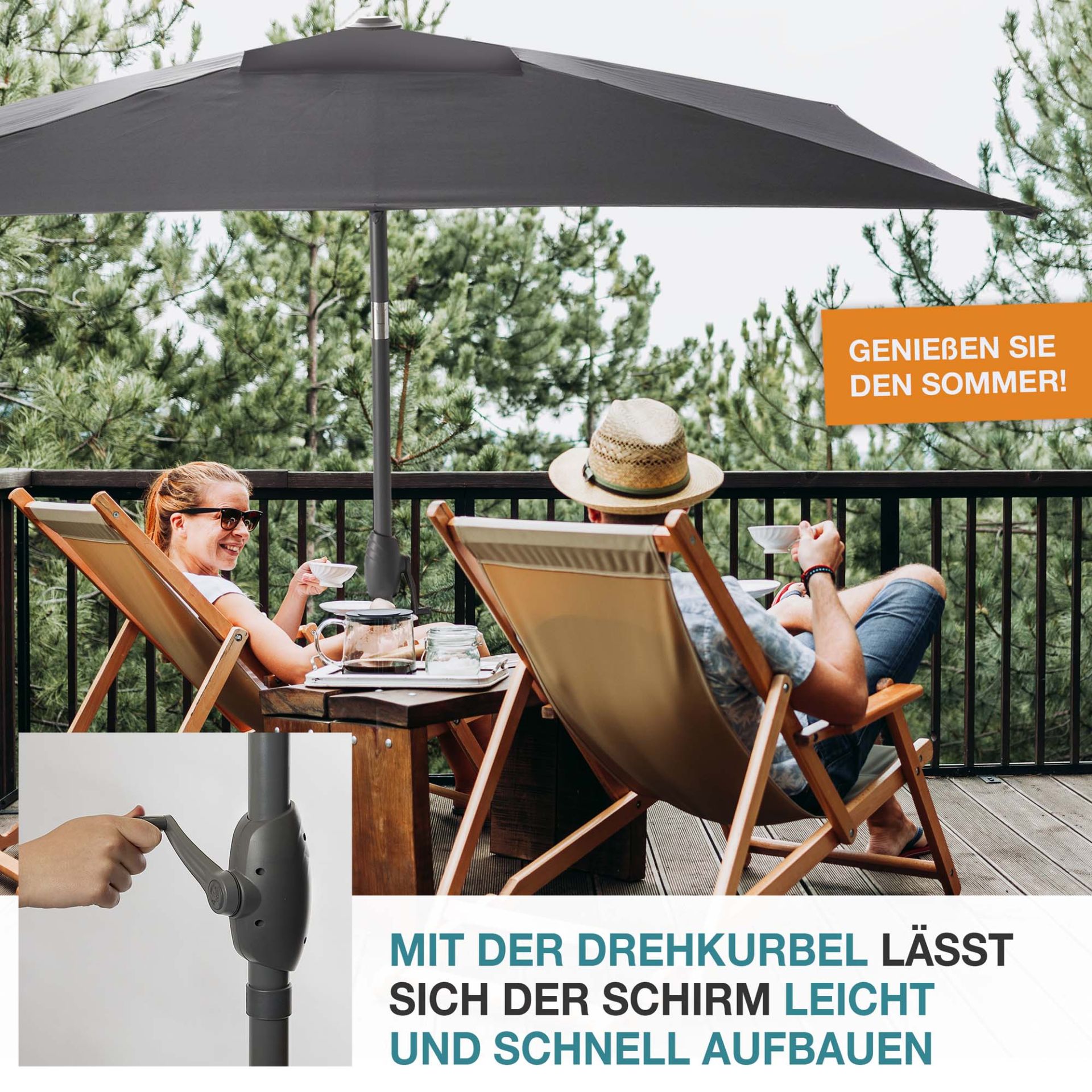 TOM Sonnenschirm SU-100 Anthrazit; schnell aufbaubar mit der Kurbel