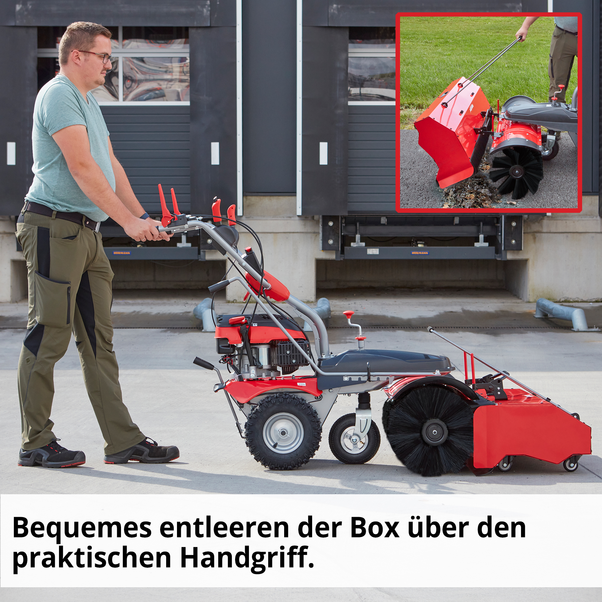 Die Auffangbox der HECHT Benzin Kehrmaschine 8101 S Set 1 Kehrmaschine lässt sich bequem entleeren
