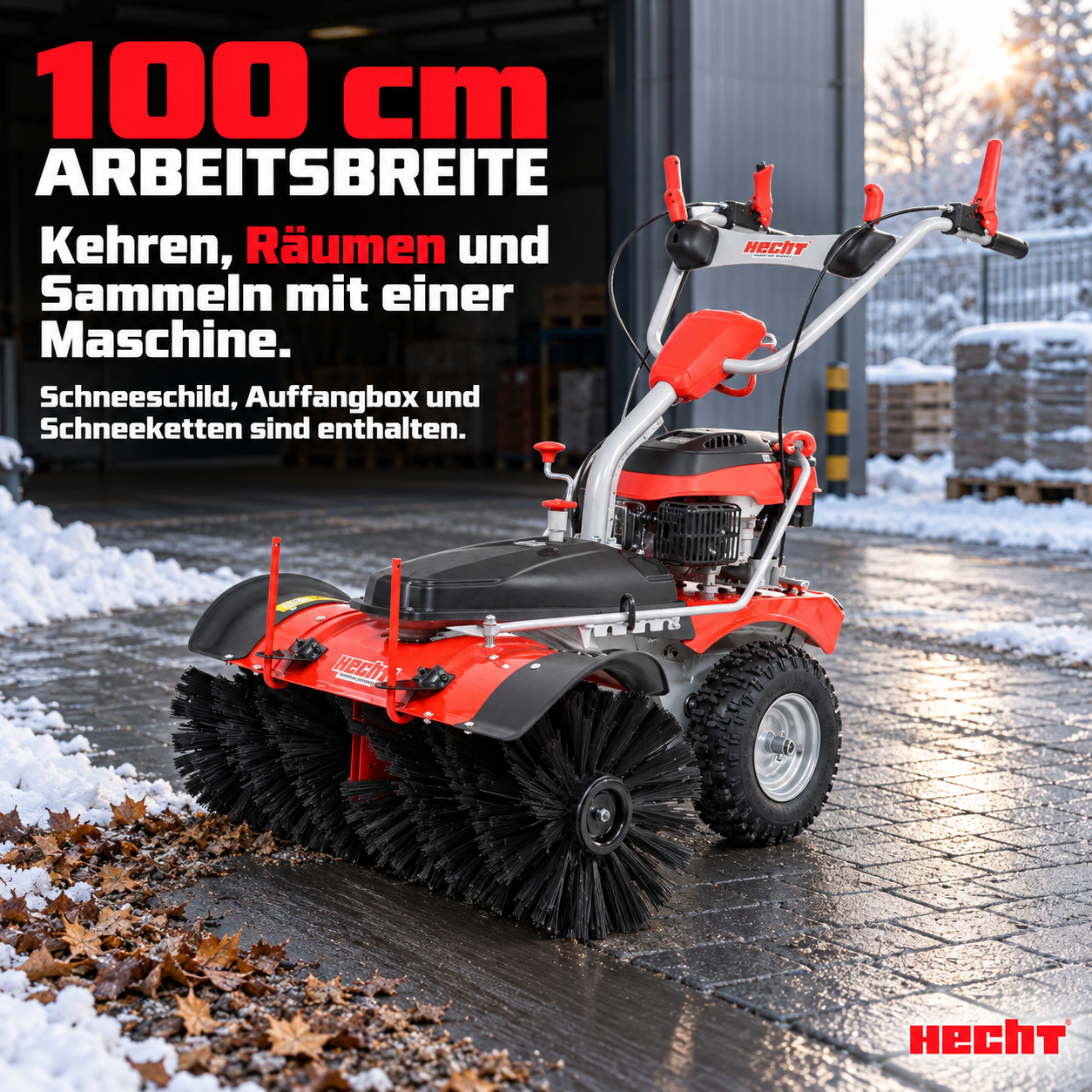 HECHT Benzin-Kehrmaschine mit 100 cm Arbeitsbreite zum Kehren und Räumen (Dieses Bild wurde mit Hilfe von KI generiert.)