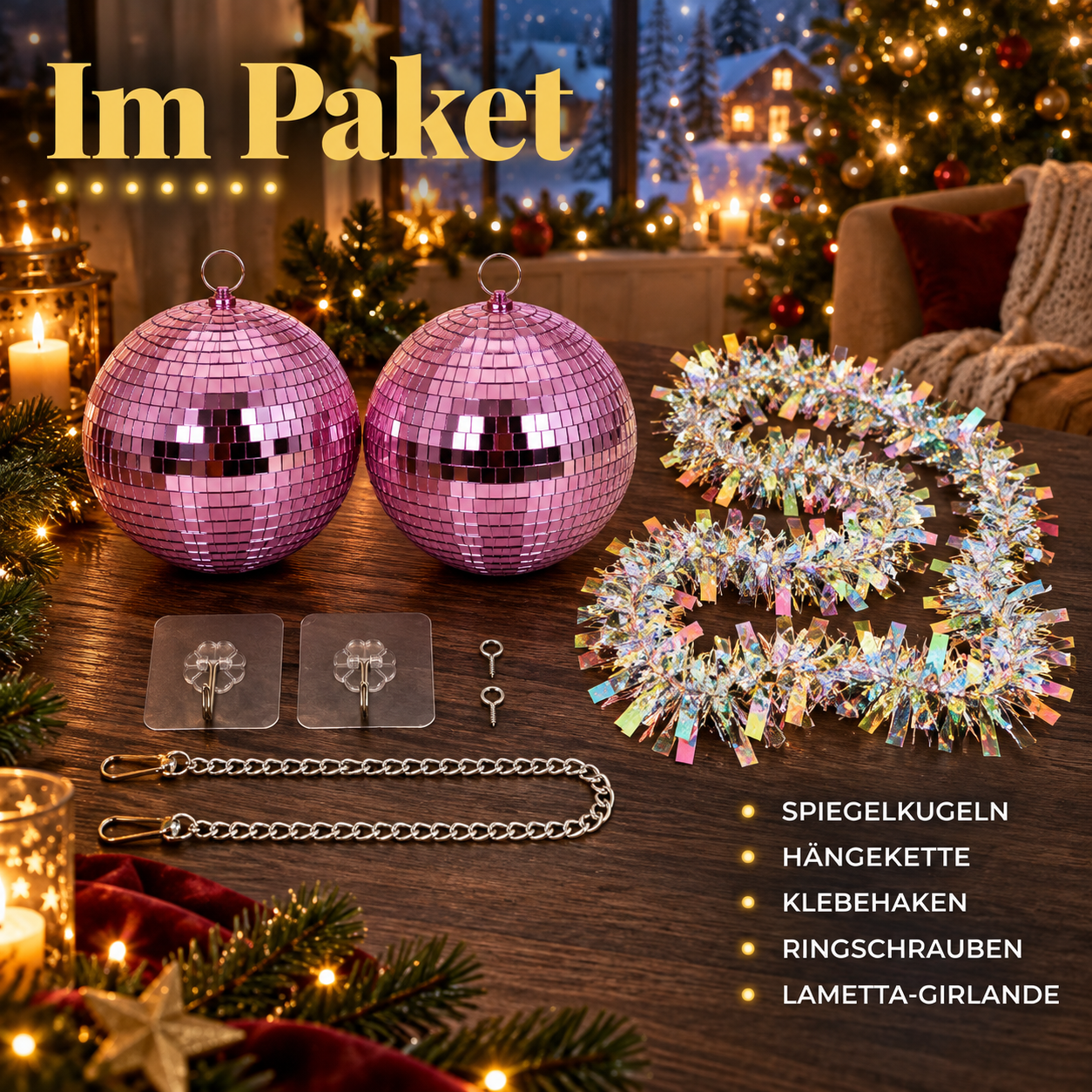 Pinkes Disco-Kugel Set: Paketinhalt mit 2 Kugeln, Ketten und Lametta (Dieses Bild wurde mit Hilfe von KI generiert.)
