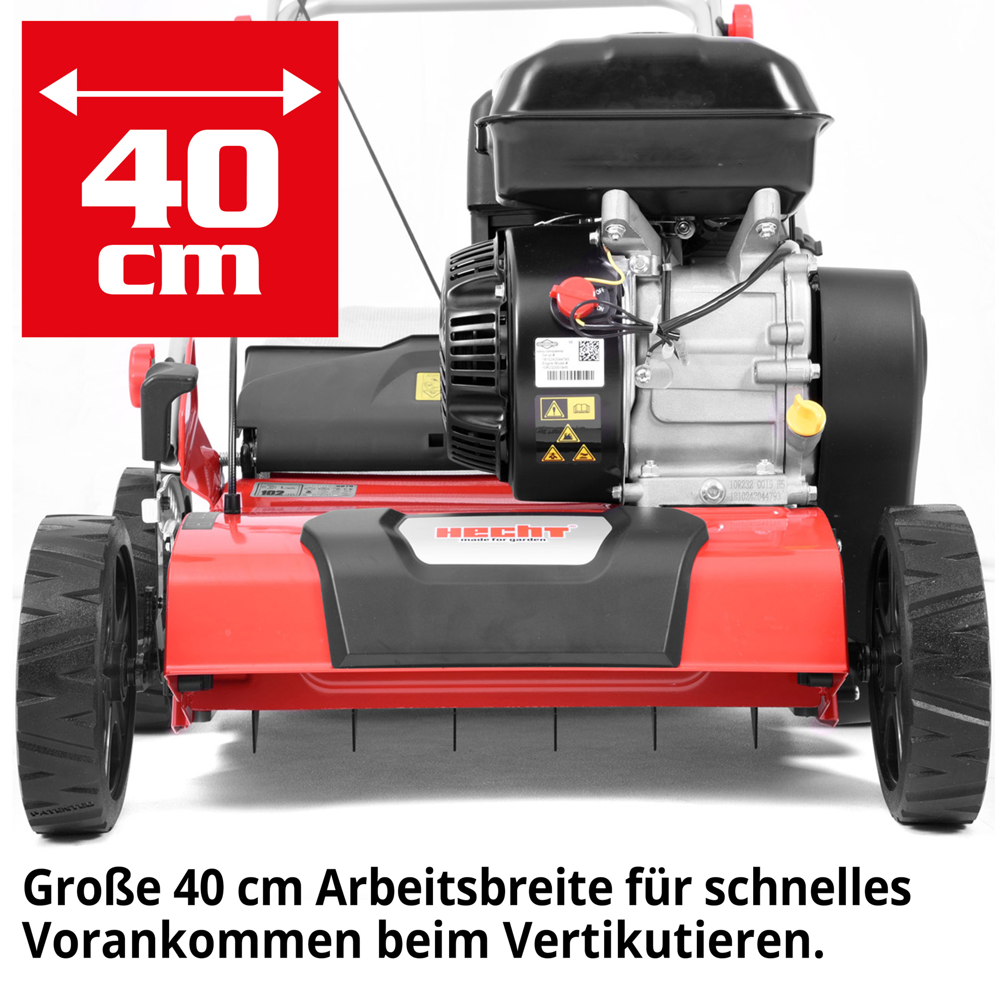 Arbeitsbreite 40 cm Vertikutierer Benzin Rasenlüfter HECHT 5676 Frontansicht breit