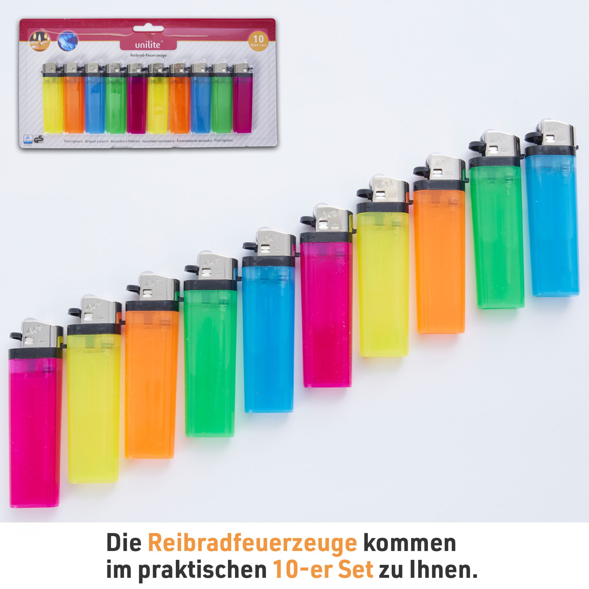 10 Stück Unilite Reibrad Feuerzeuge im Lieferumfang