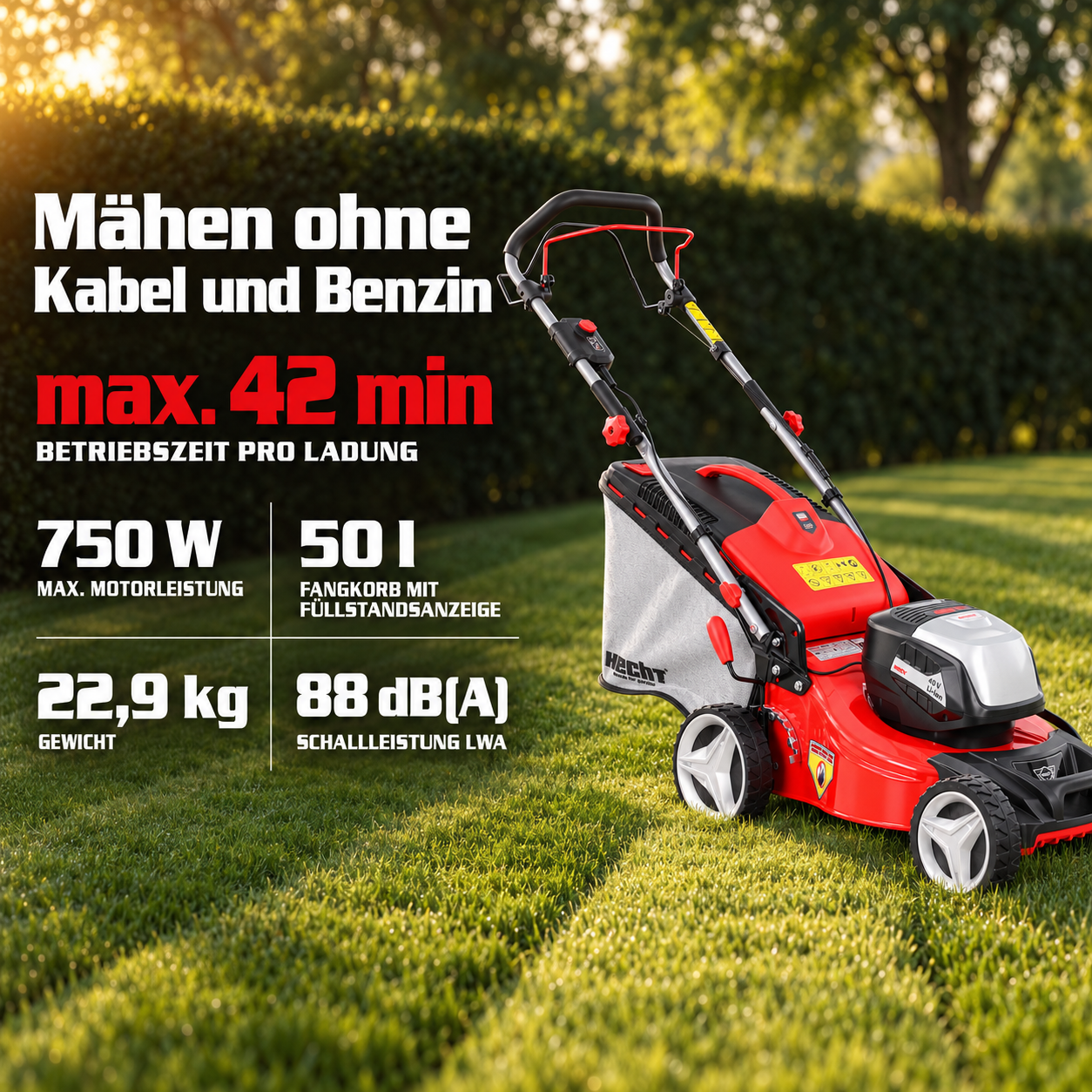HECHT Akku-Rasenmäher mit 750 W Leistung und bis zu 42 min Betriebszeit (Dieses Bild wurde mit Hilfe von KI generiert.)
