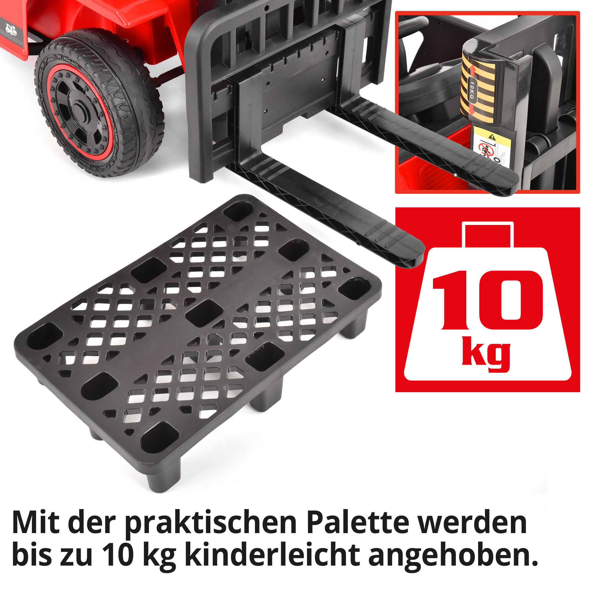Hecht 52108RED Kinder Elektro Gabelstapler ROT mit praktischer Palette bis zu 10 Kilogramm anheben