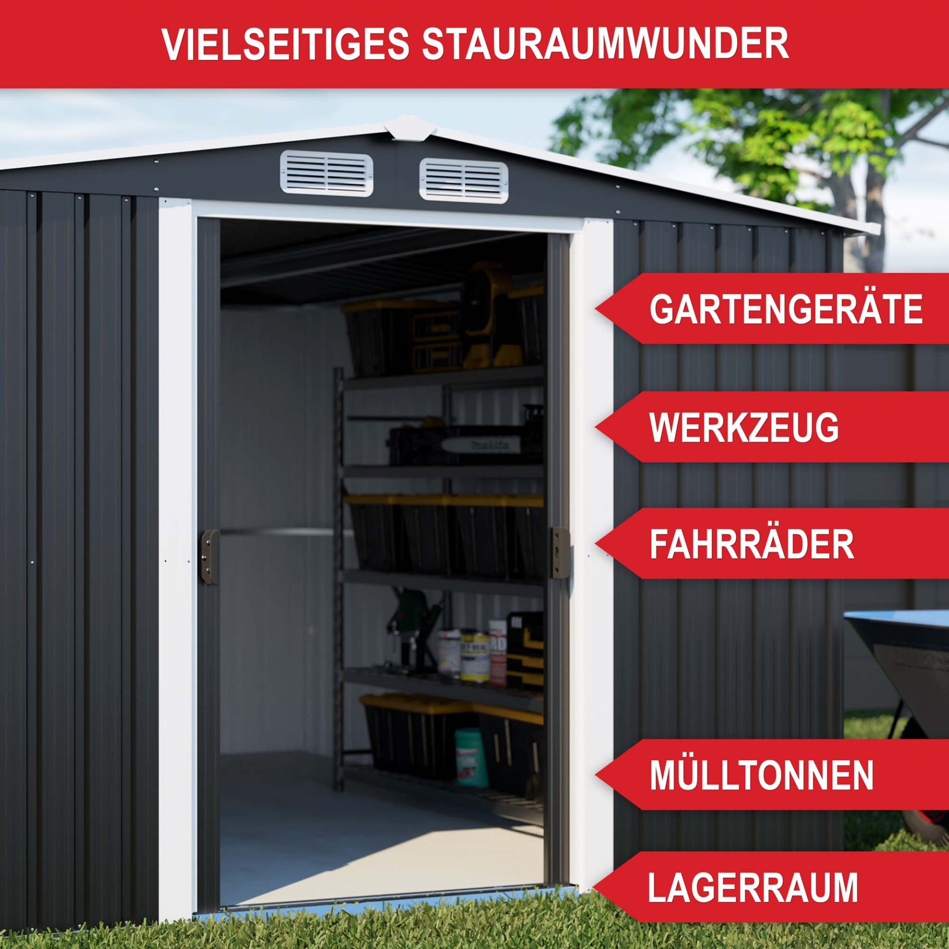 Gerätehaus mit Nutzungsmöglichkeiten wie Werkzeug oder Fahrräder