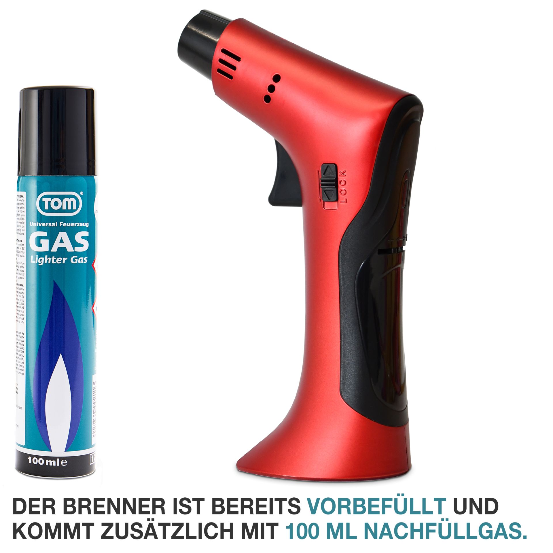 TOM Jetbrenner GB-500; vorbefüllter Brenner + 100 Milliliter Nachfüllgas im Lieferumfang